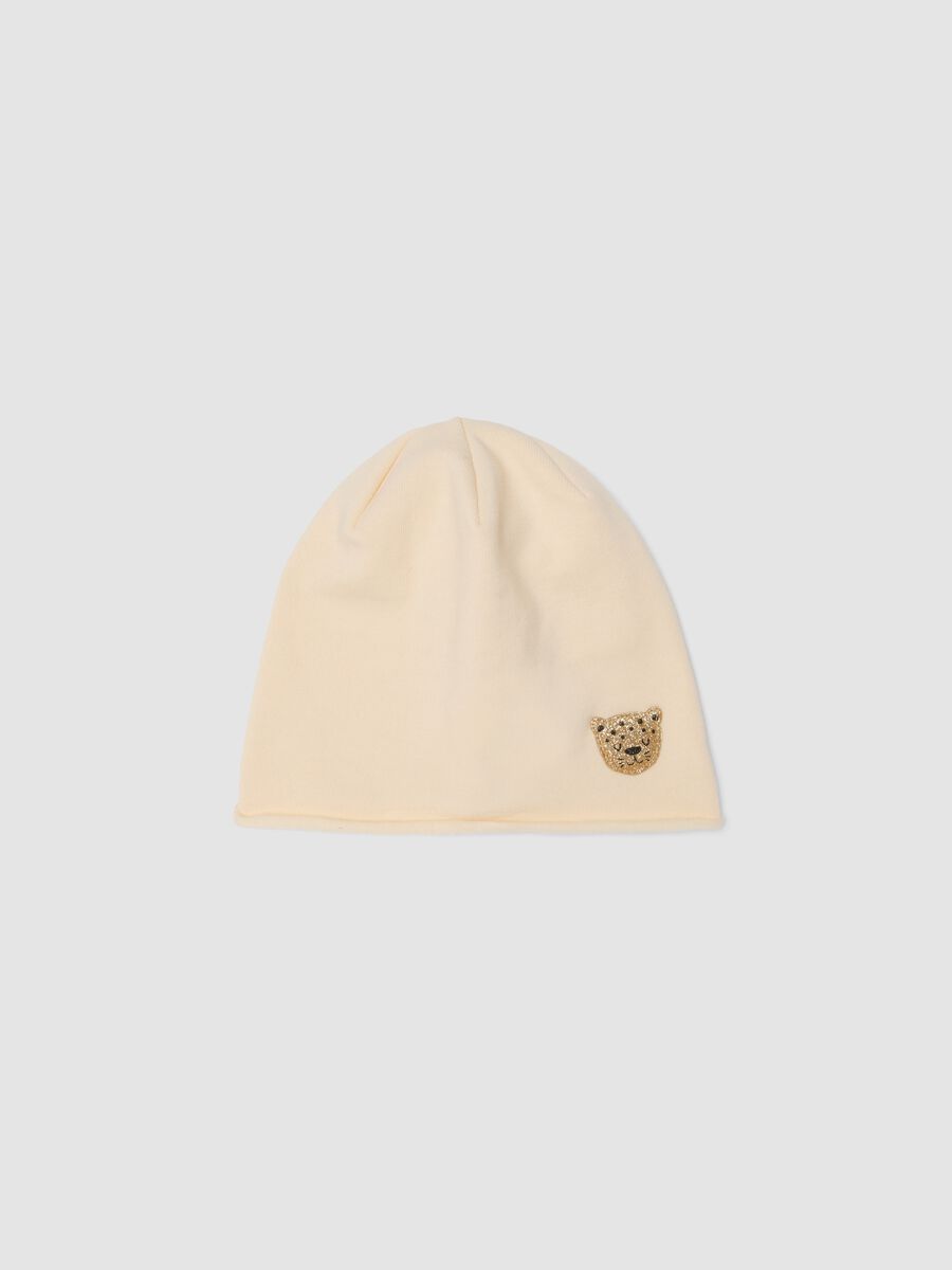 Beige stretch cotton girls&rsquo; hat with leopard detail_0