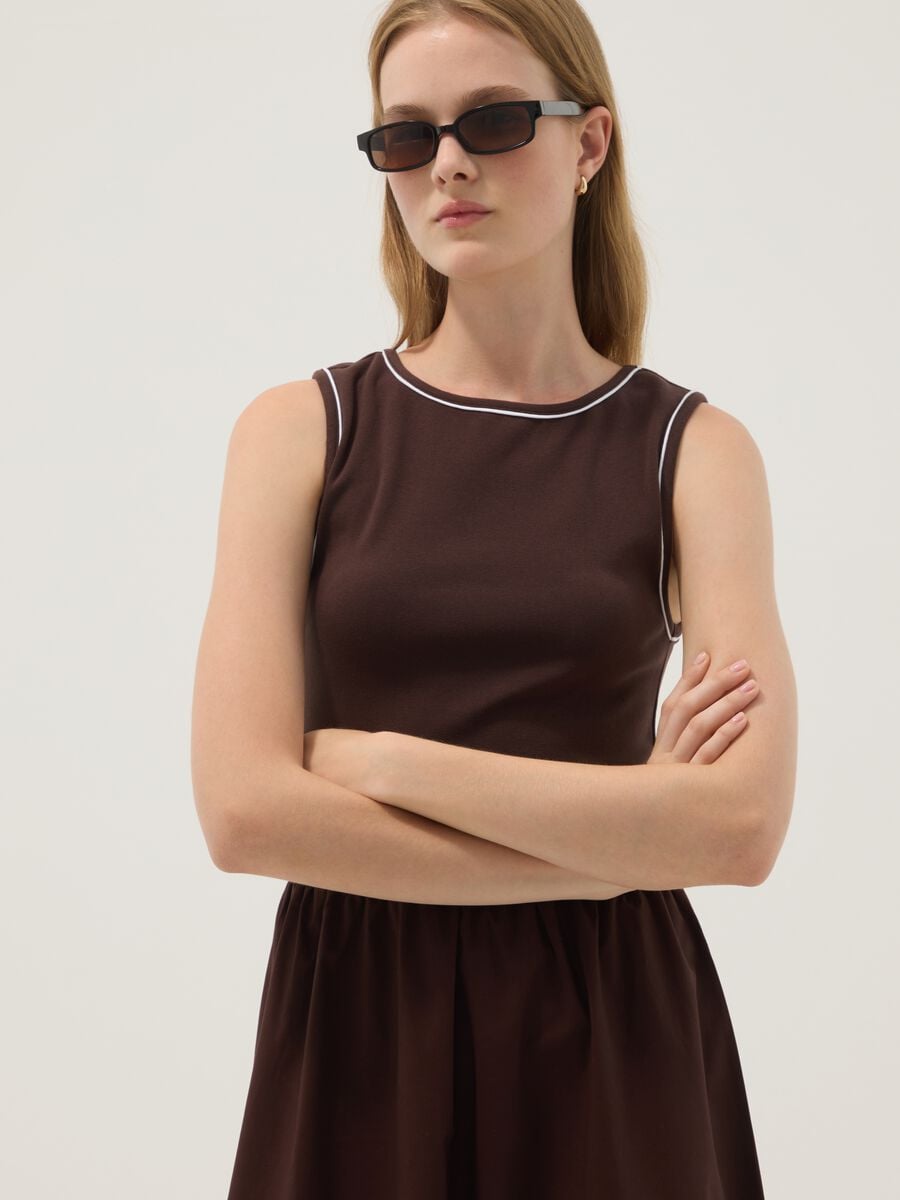Brown sleeveless stretch cotton dress, regular fit_3