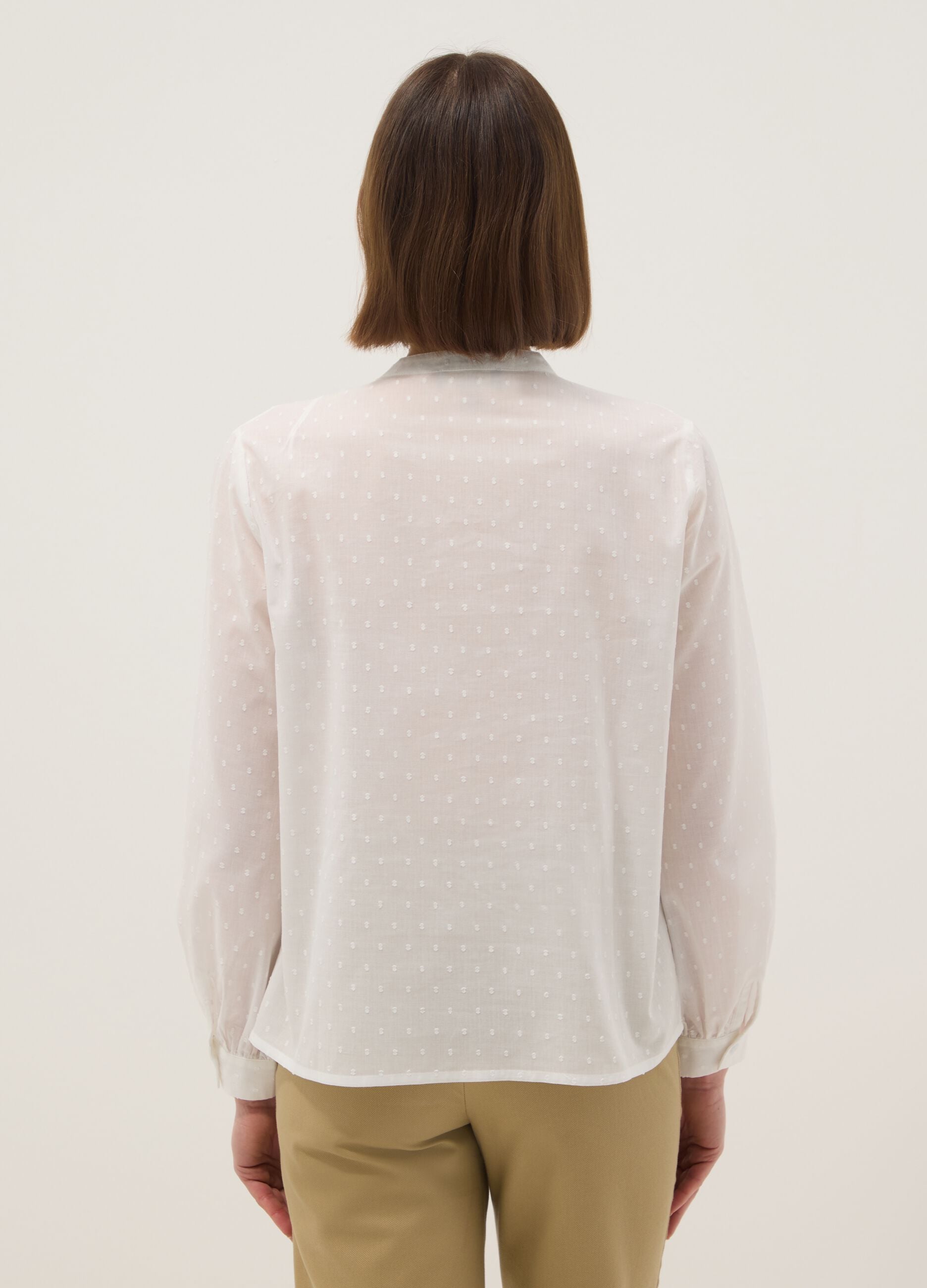White pure cotton shirt regular fit deep V with polka dots