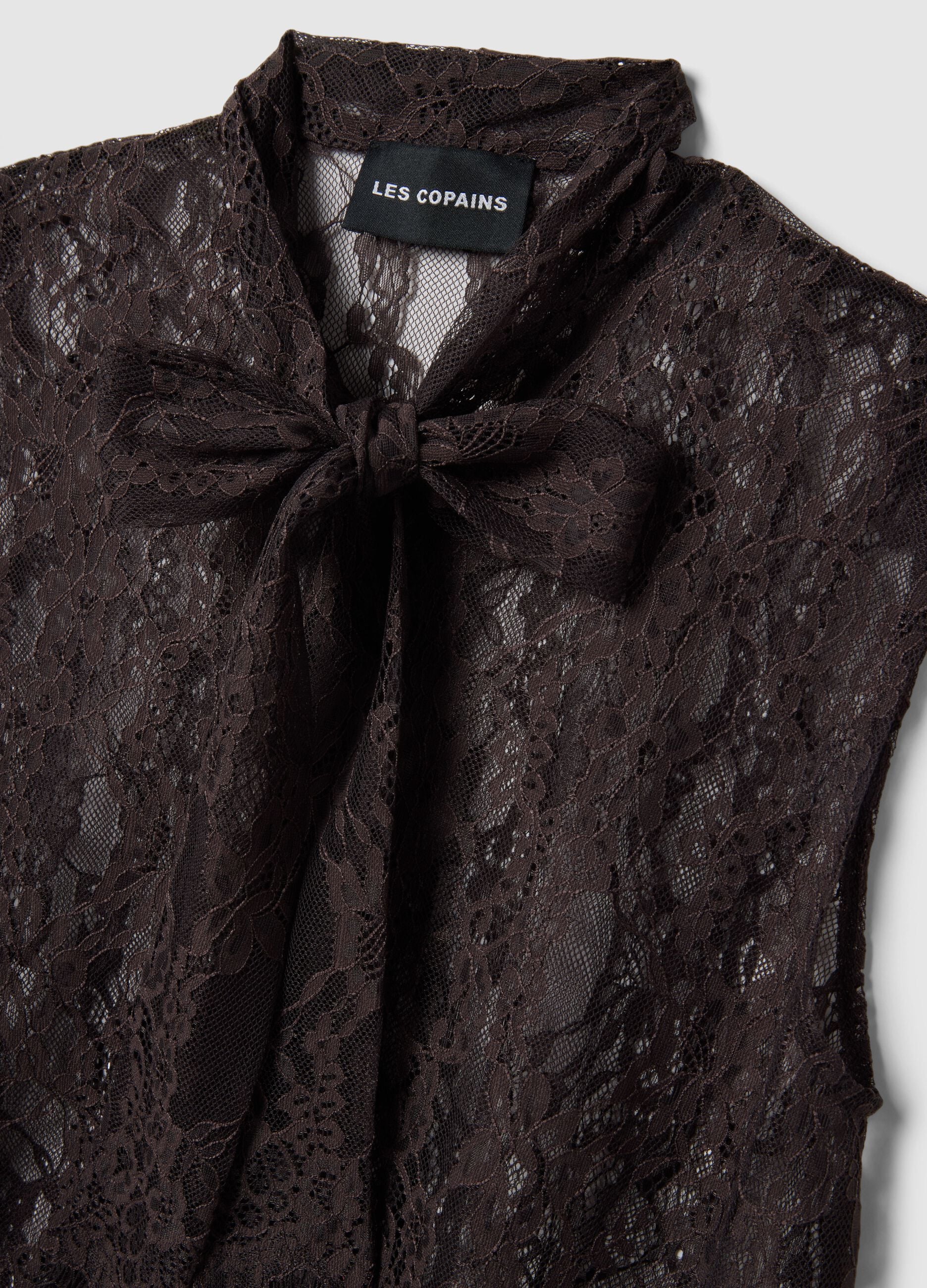 Regular fit brown lace tank top with bow