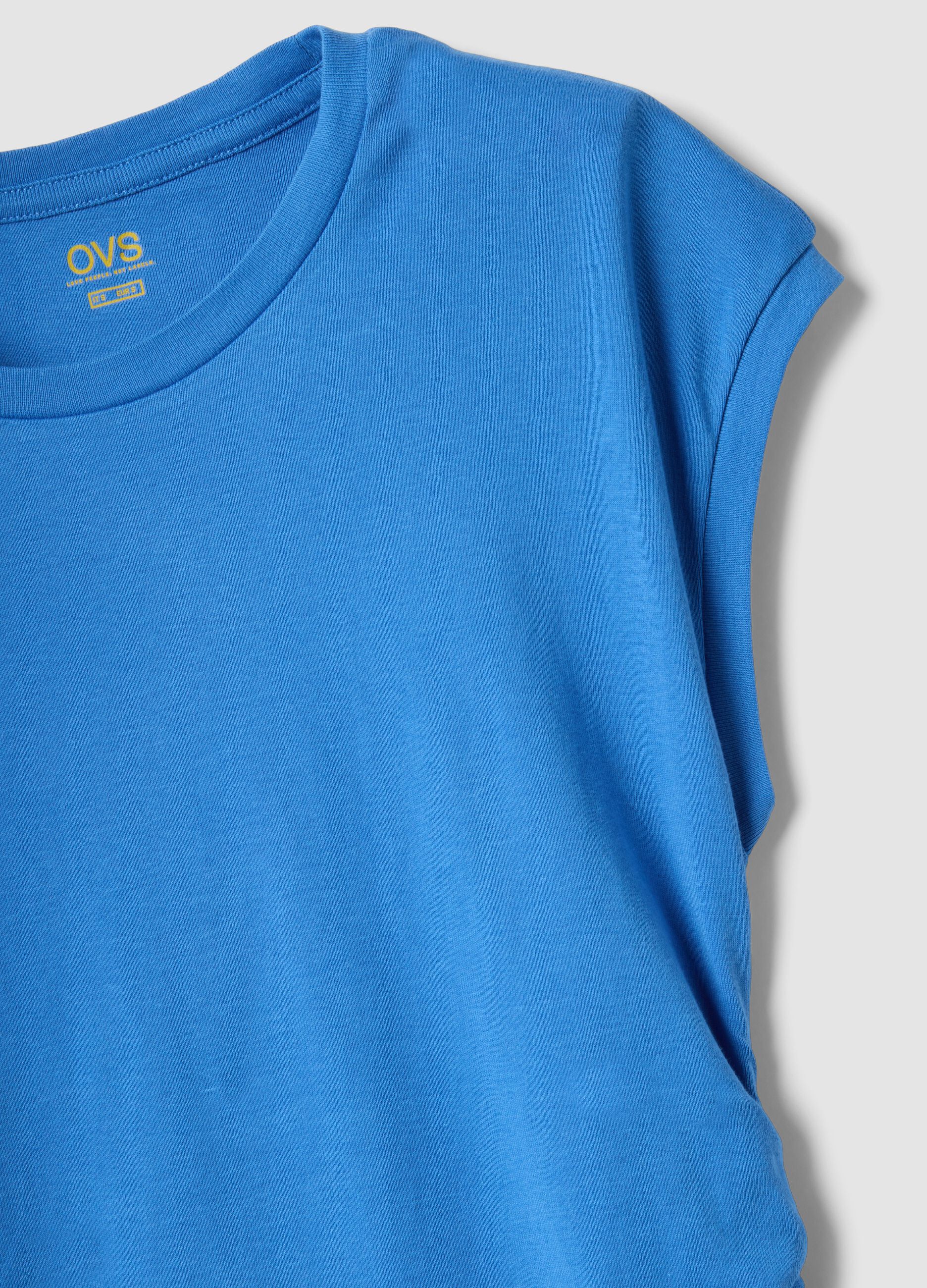 Blue pure cotton tank top with side ruching, regular fit