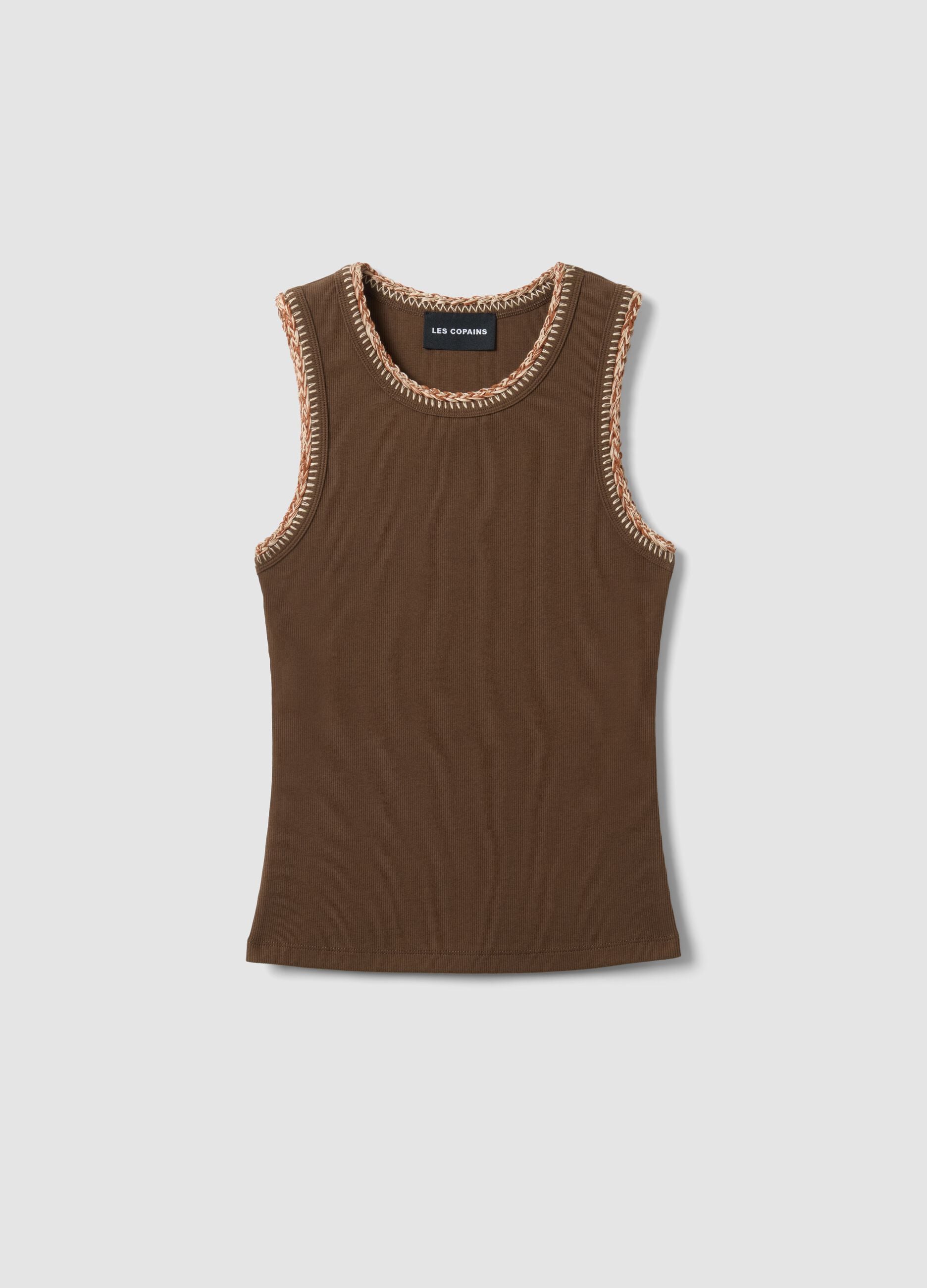 Brown Stretch Cotton Tank Top with Regular Fit and Embroidered Edges