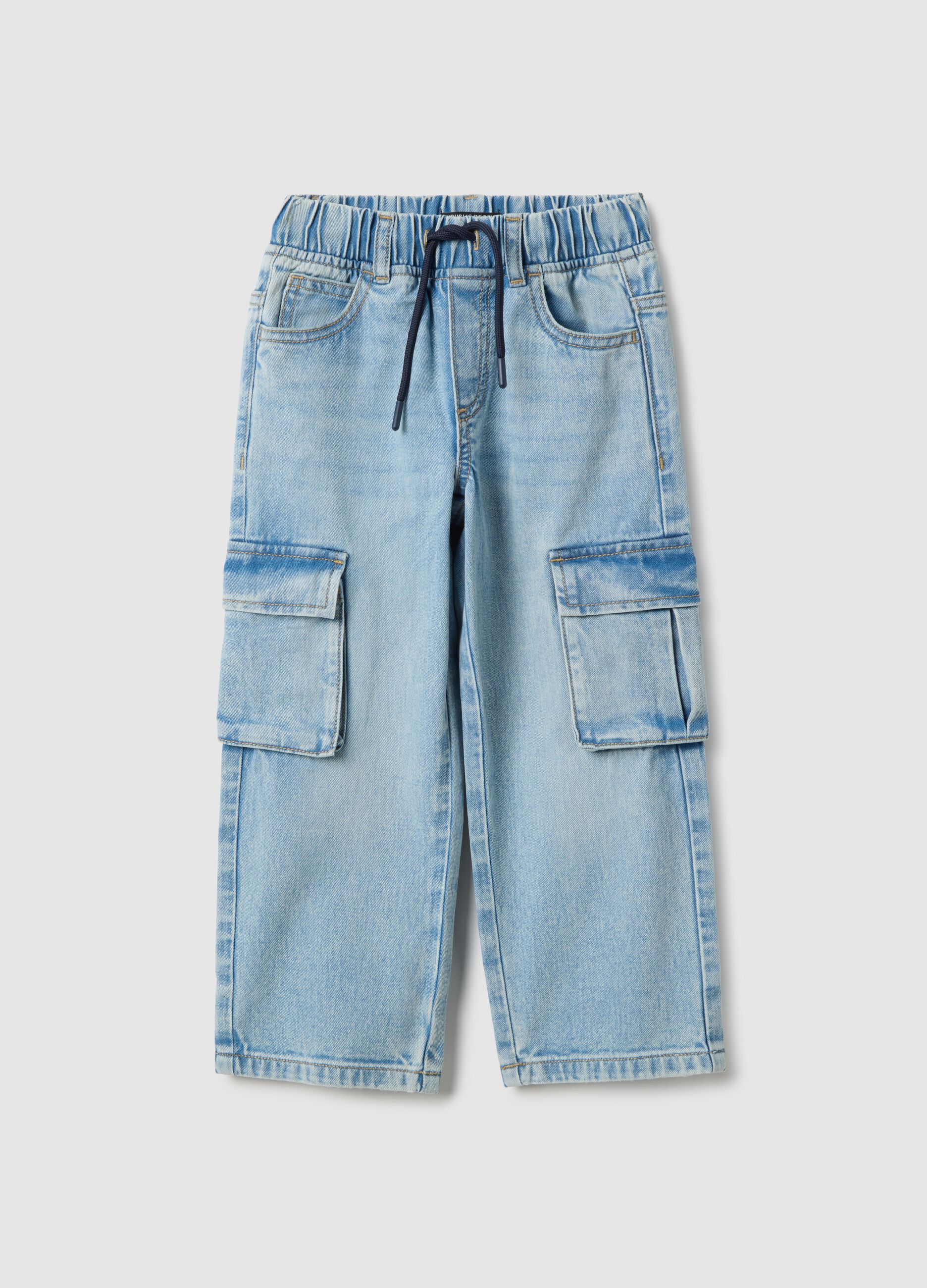 Blue pure cotton regular fit cargo pocket trousers for boys