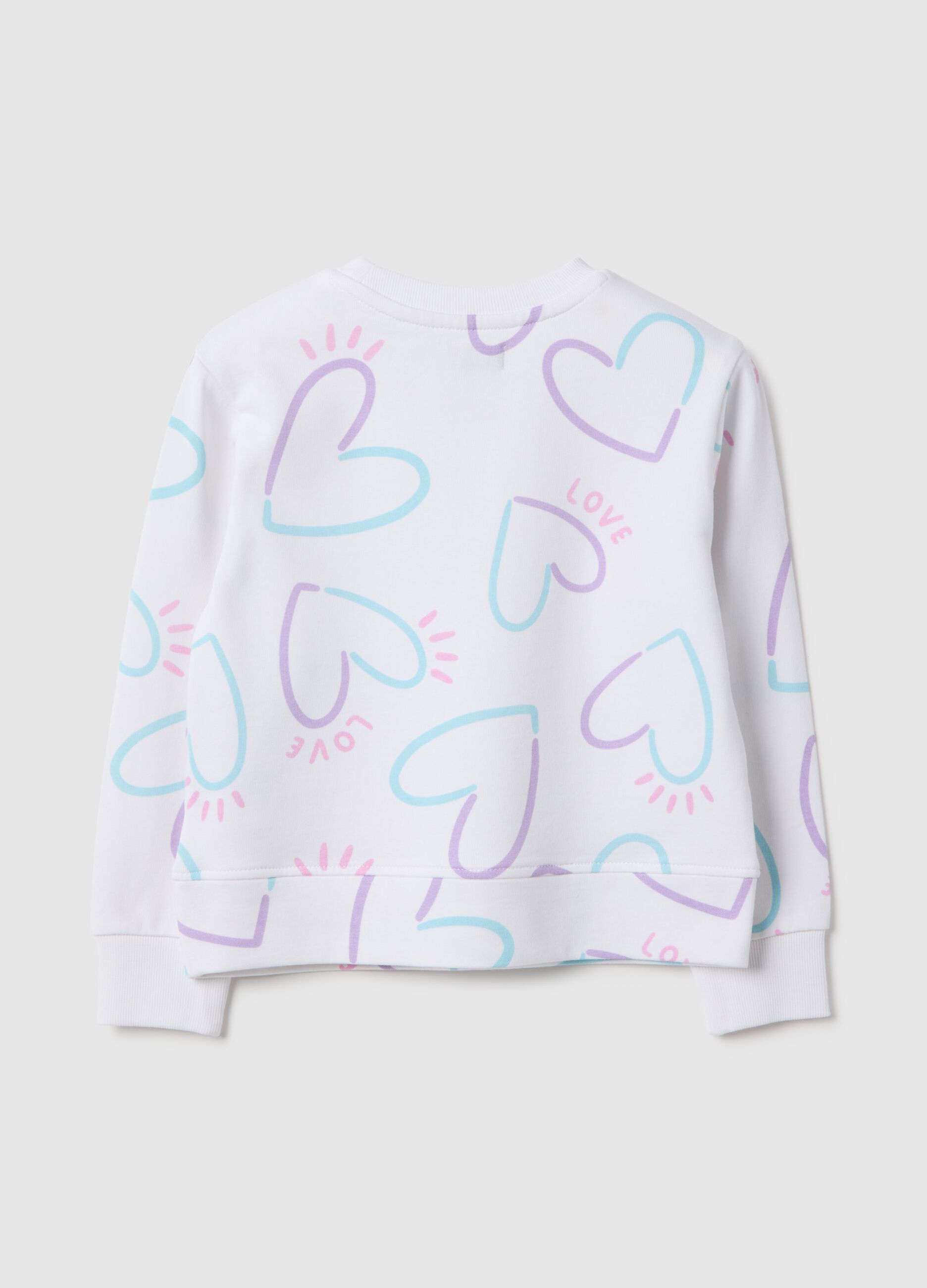 White pure cotton girl sweatshirt with hearts, regular fit
