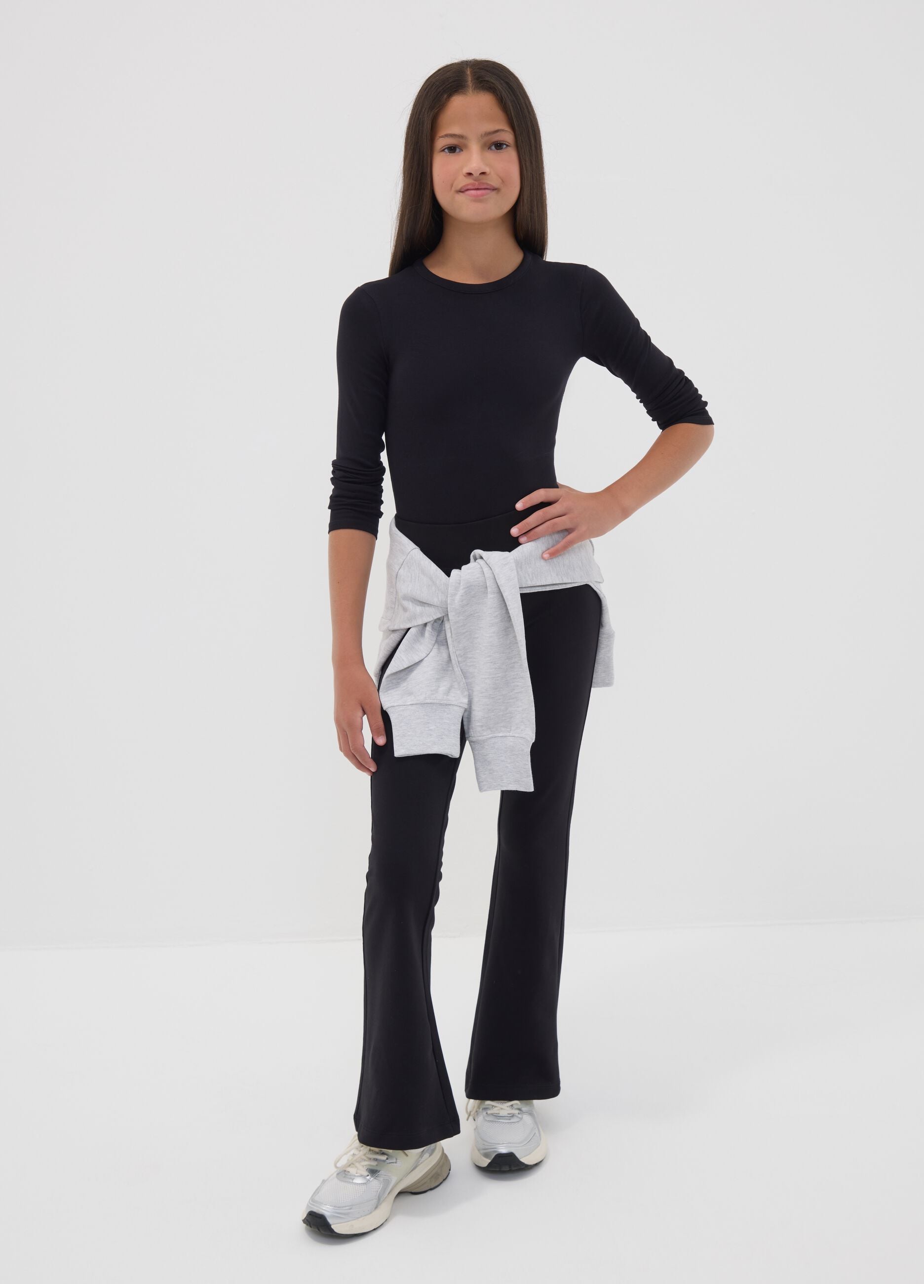 Black flared stretch organic cotton trousers for girls
