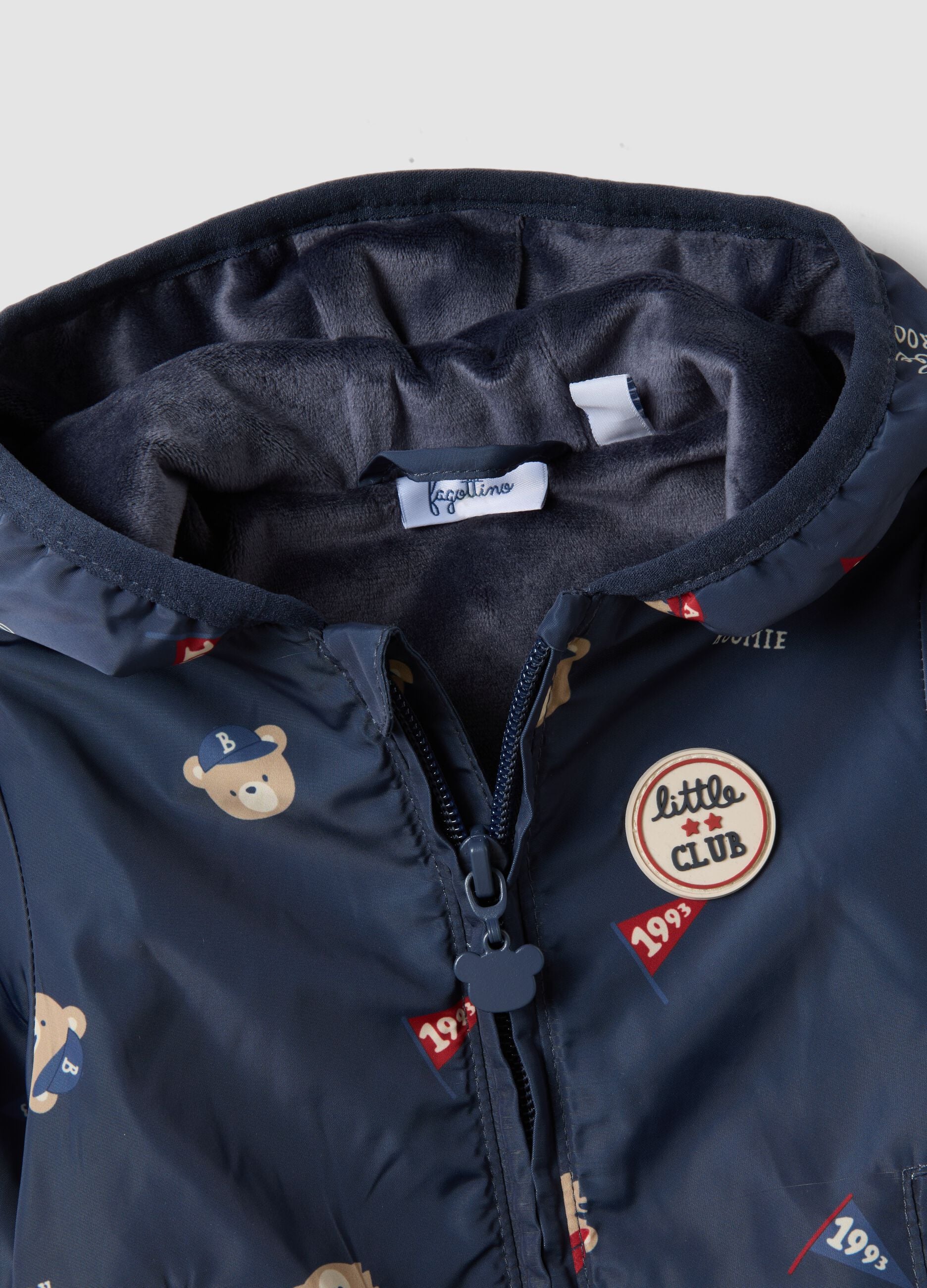 Blue baby hoodie jacket with zip and teddy bear print