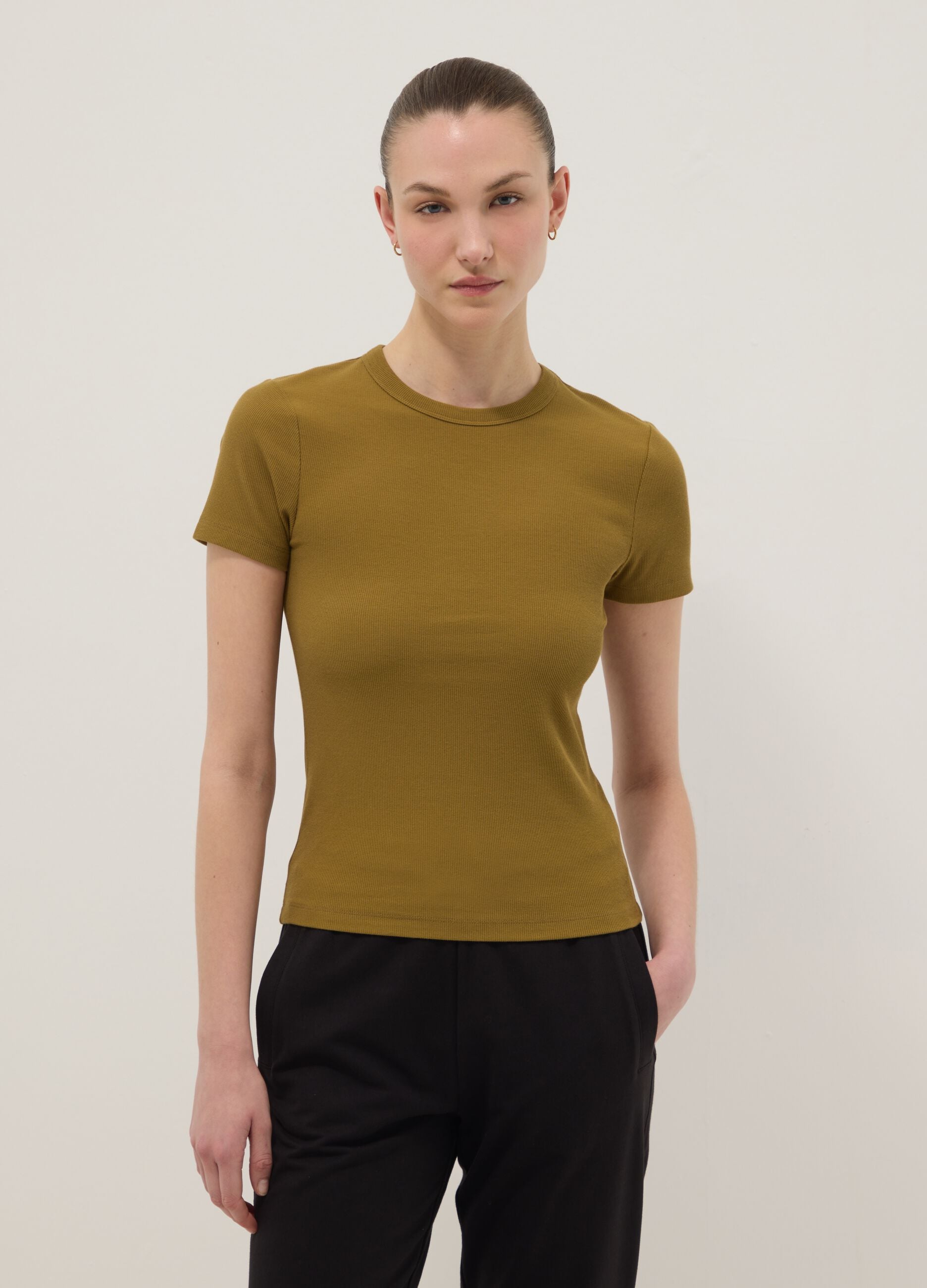 Green fitted short-sleeve stretch cotton T-shirt