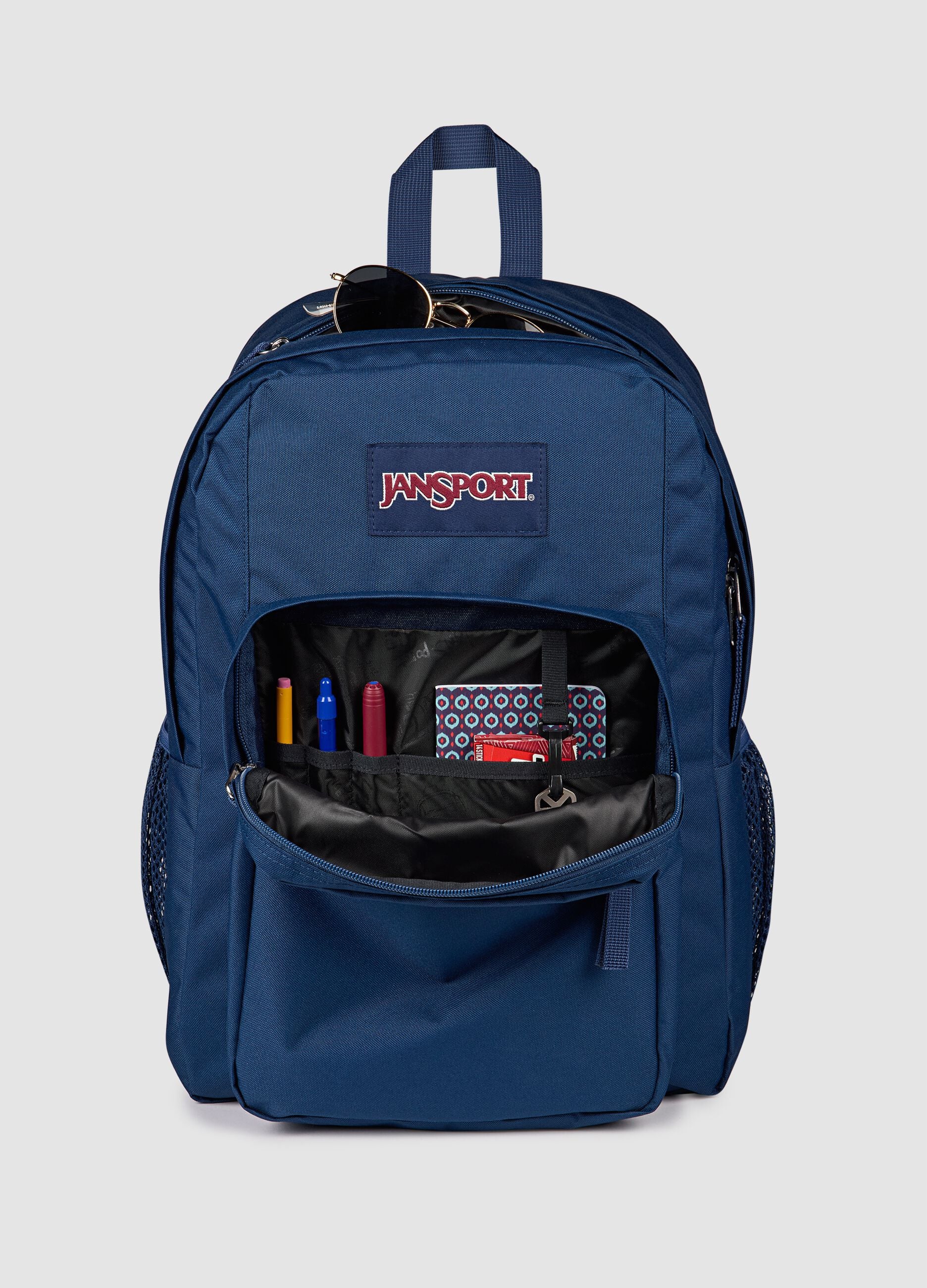 Blue backpack with external pockets