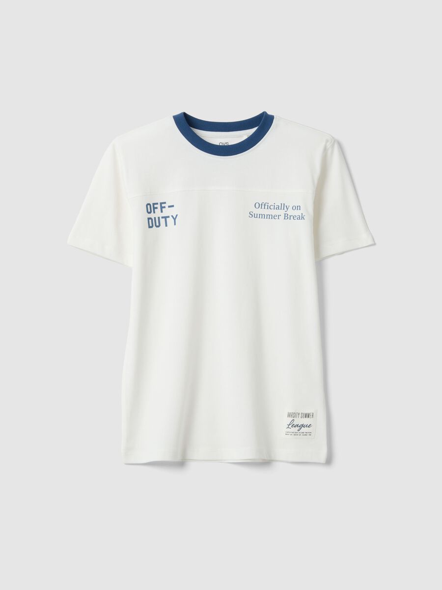 Boys' pure white cotton T-shirt relaxed fit with blue collar_3