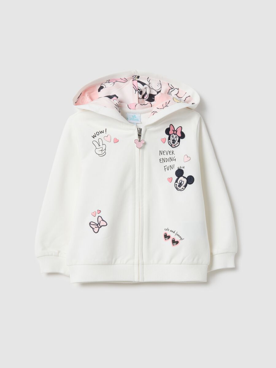 Felpa bianca con cappuccio da bimba in misto cotone regular fit con stampa Minnie_0