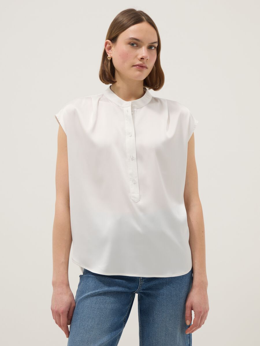 White short sleeve blouse regular fit with mandarin collar_1