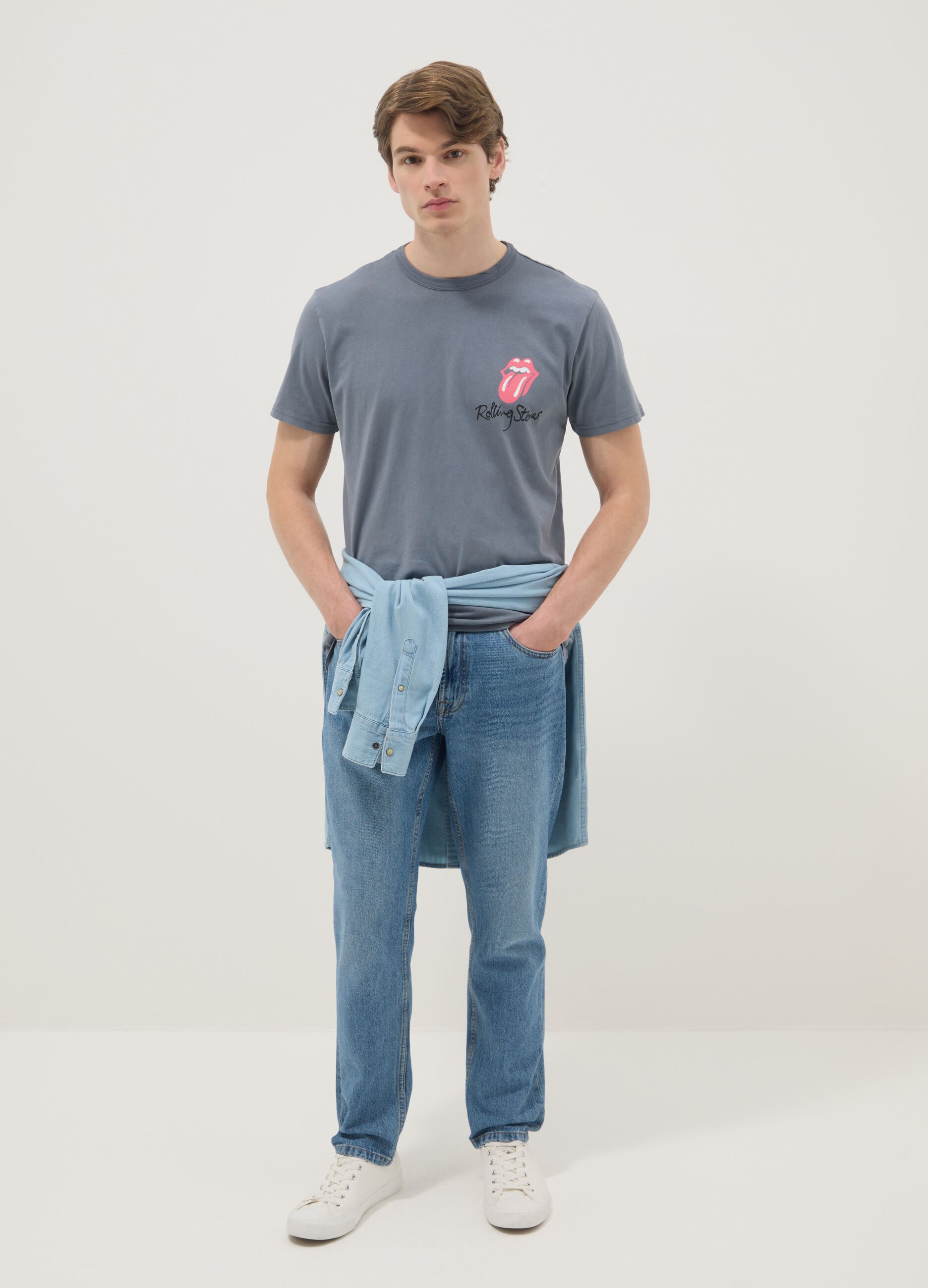 Grey regular fit pure cotton T-shirt with Rolling Stones print