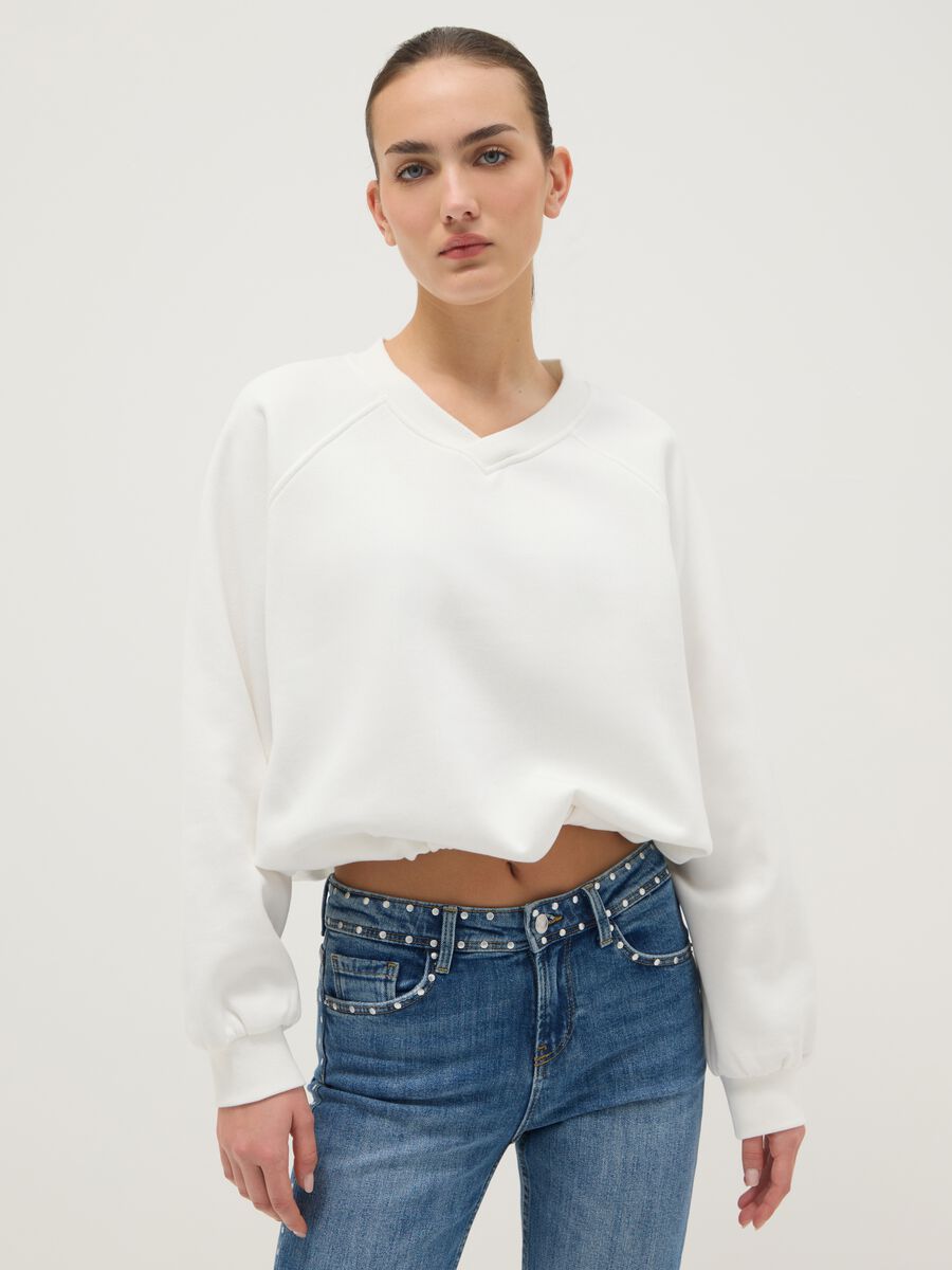 Oversized white cotton blend sweatshirt with V-neck_0