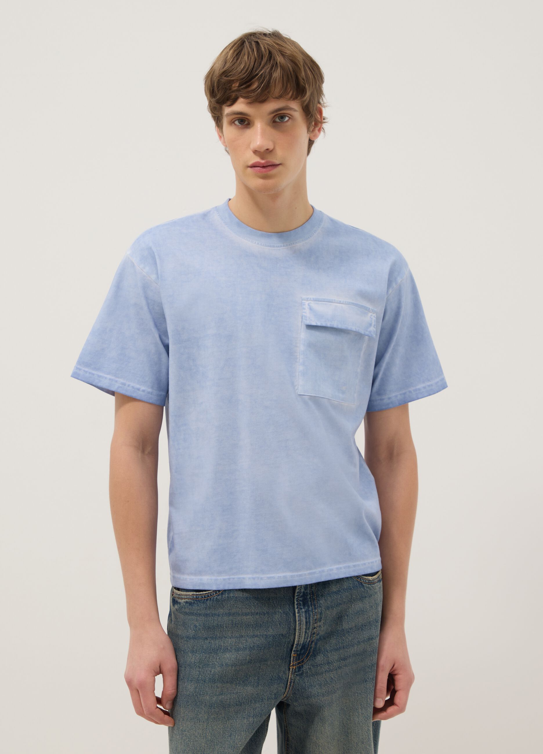 Light blue pure cotton regular fit t-shirt with pocket