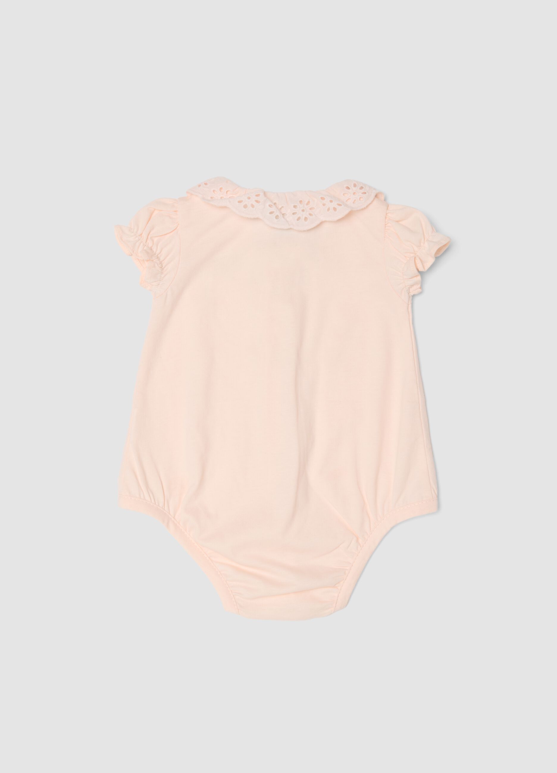 Pink pure-cotton baby girl bodysuit with collar and Minnie embroidery
