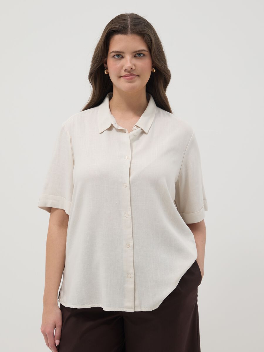 White viscose-linen blend shirt, regular fit_0