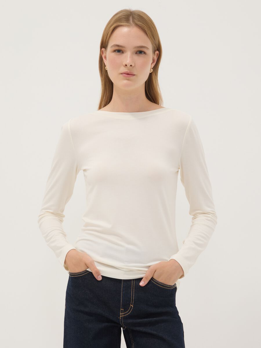 White long-sleeved stretch viscose T-shirt_0