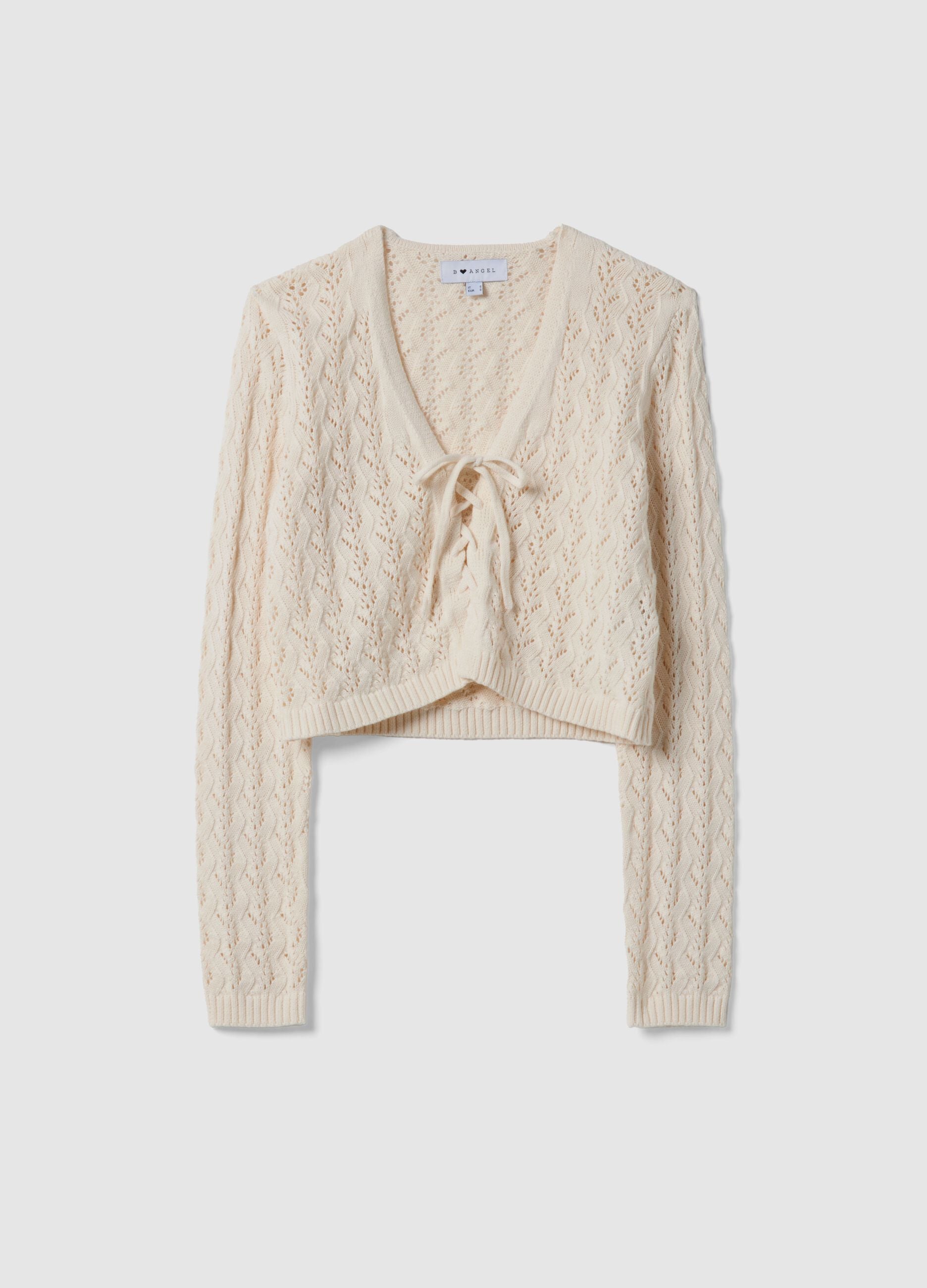 Regular fit beige pure cotton cardigan with perforated design
