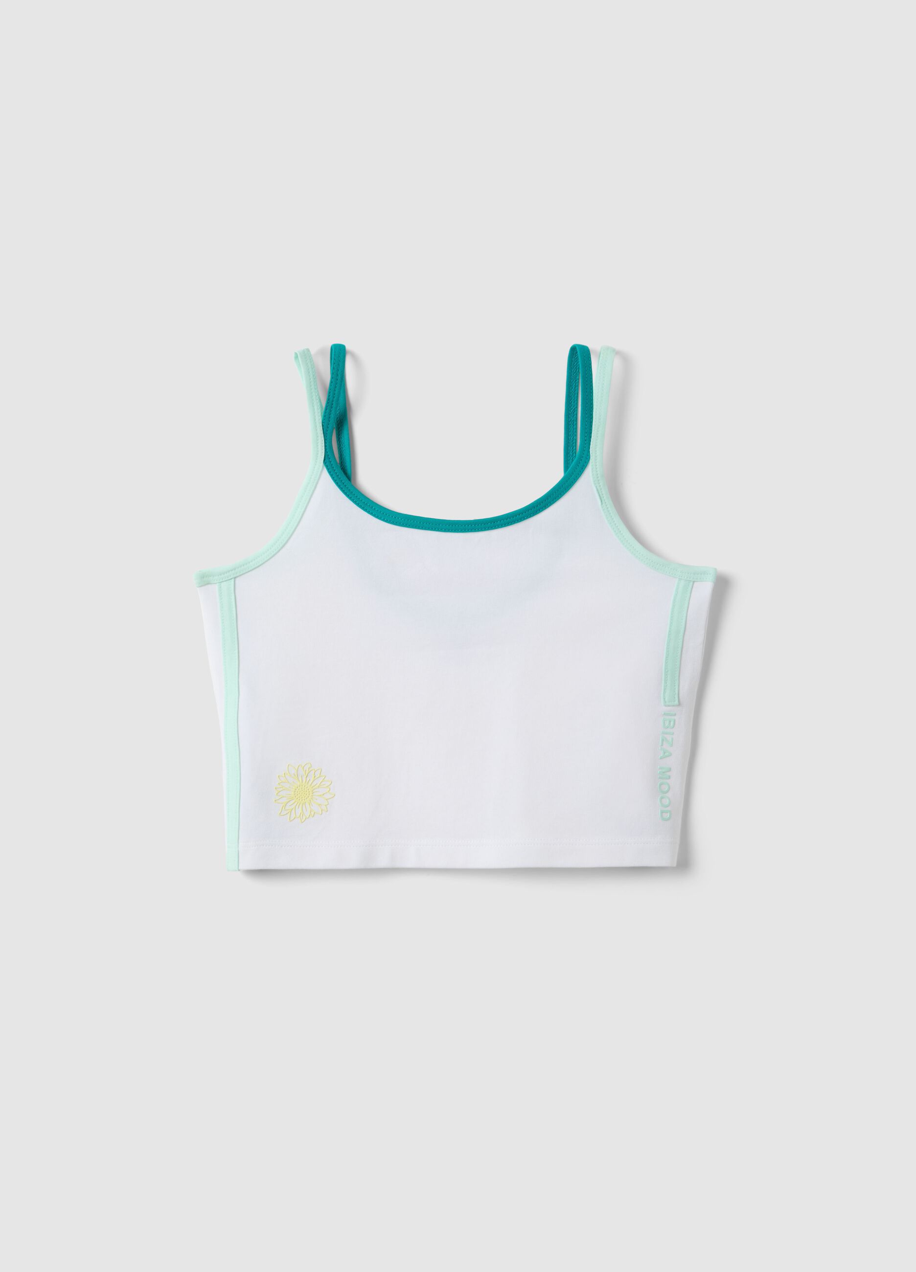 Girls' fitted white stretch cotton tank top with flower