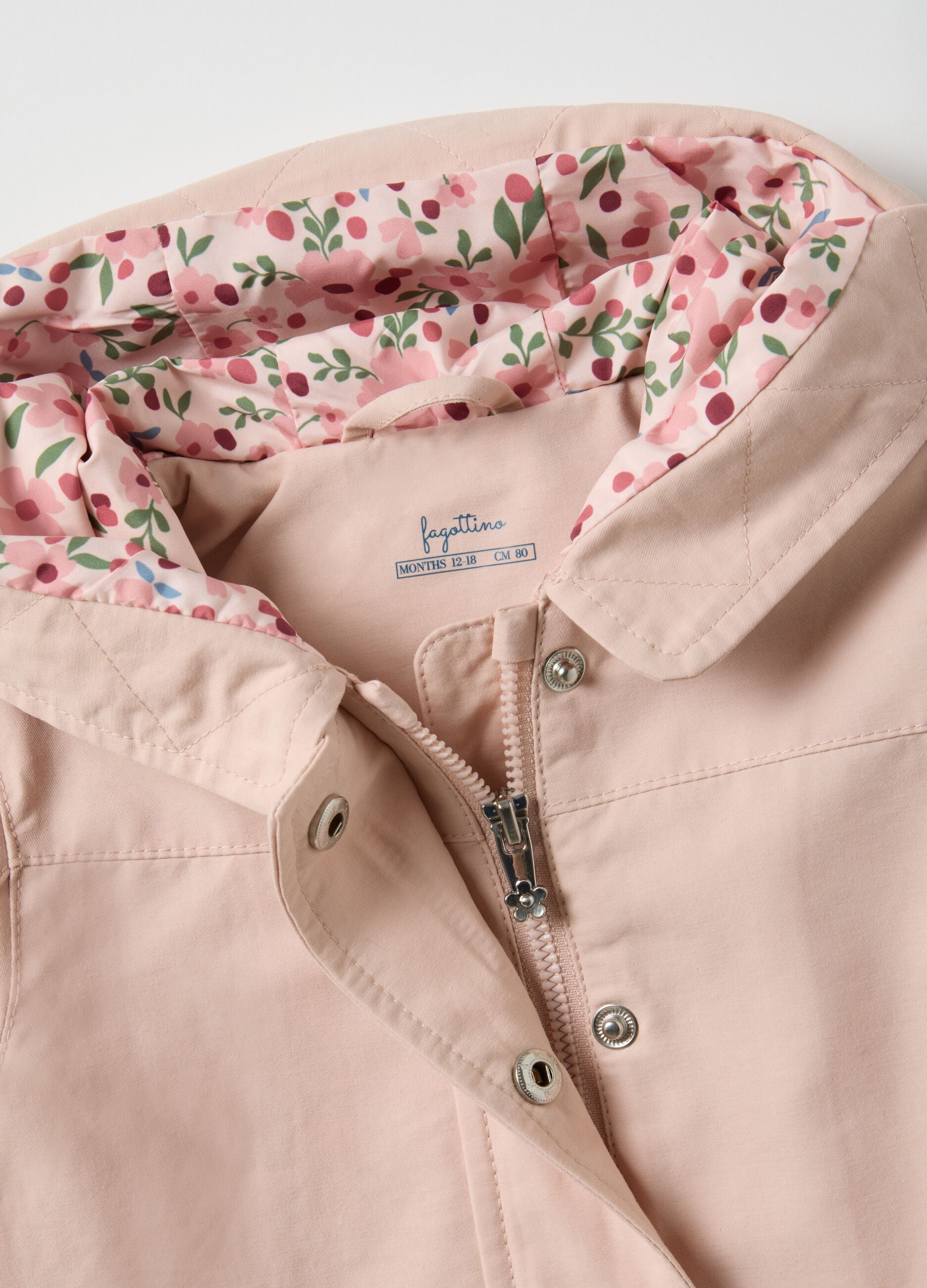 Regular fit pink cotton blend girl's jacket with hood and embroidery