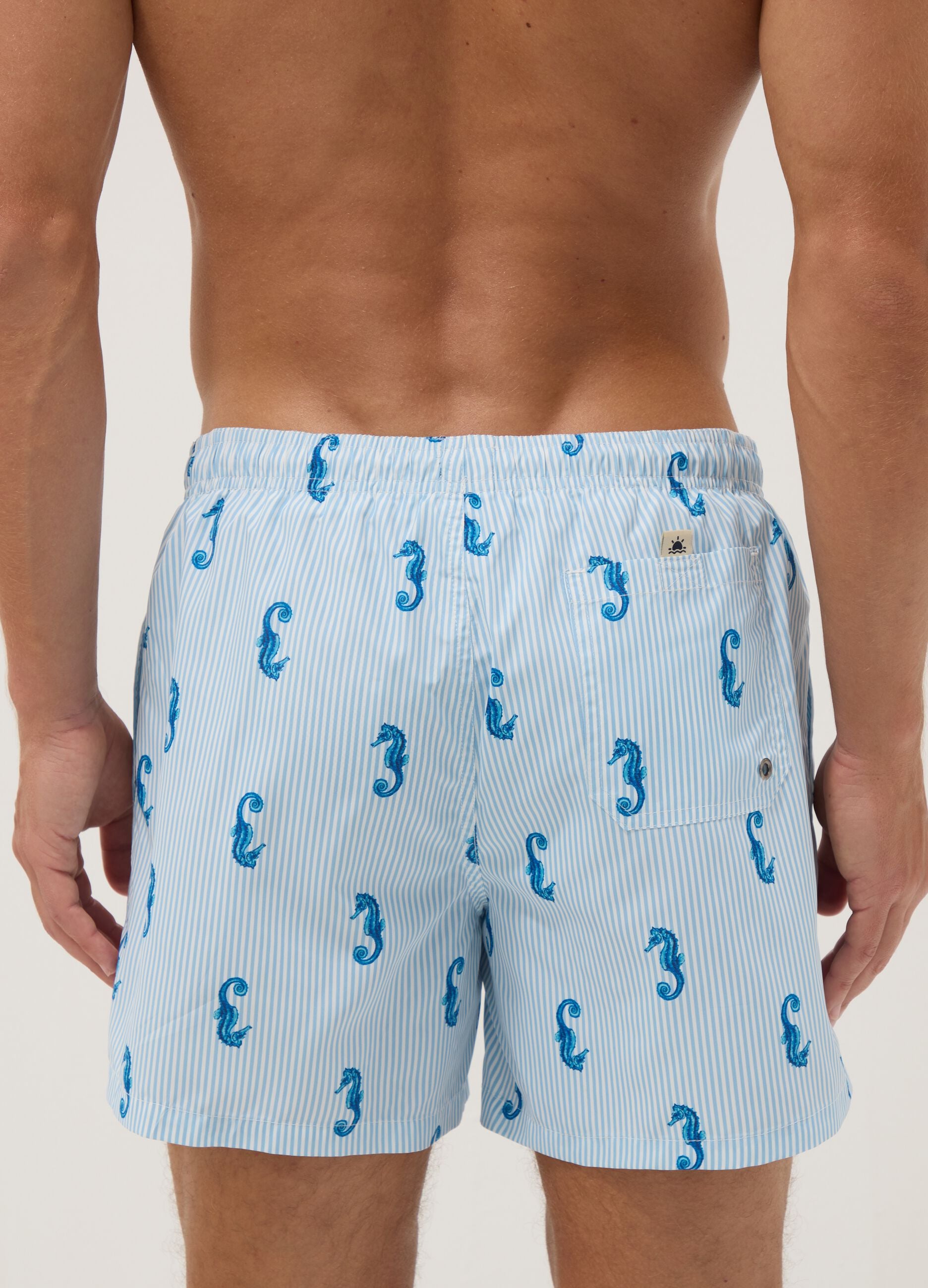Blue striped swim shorts with seahorse print