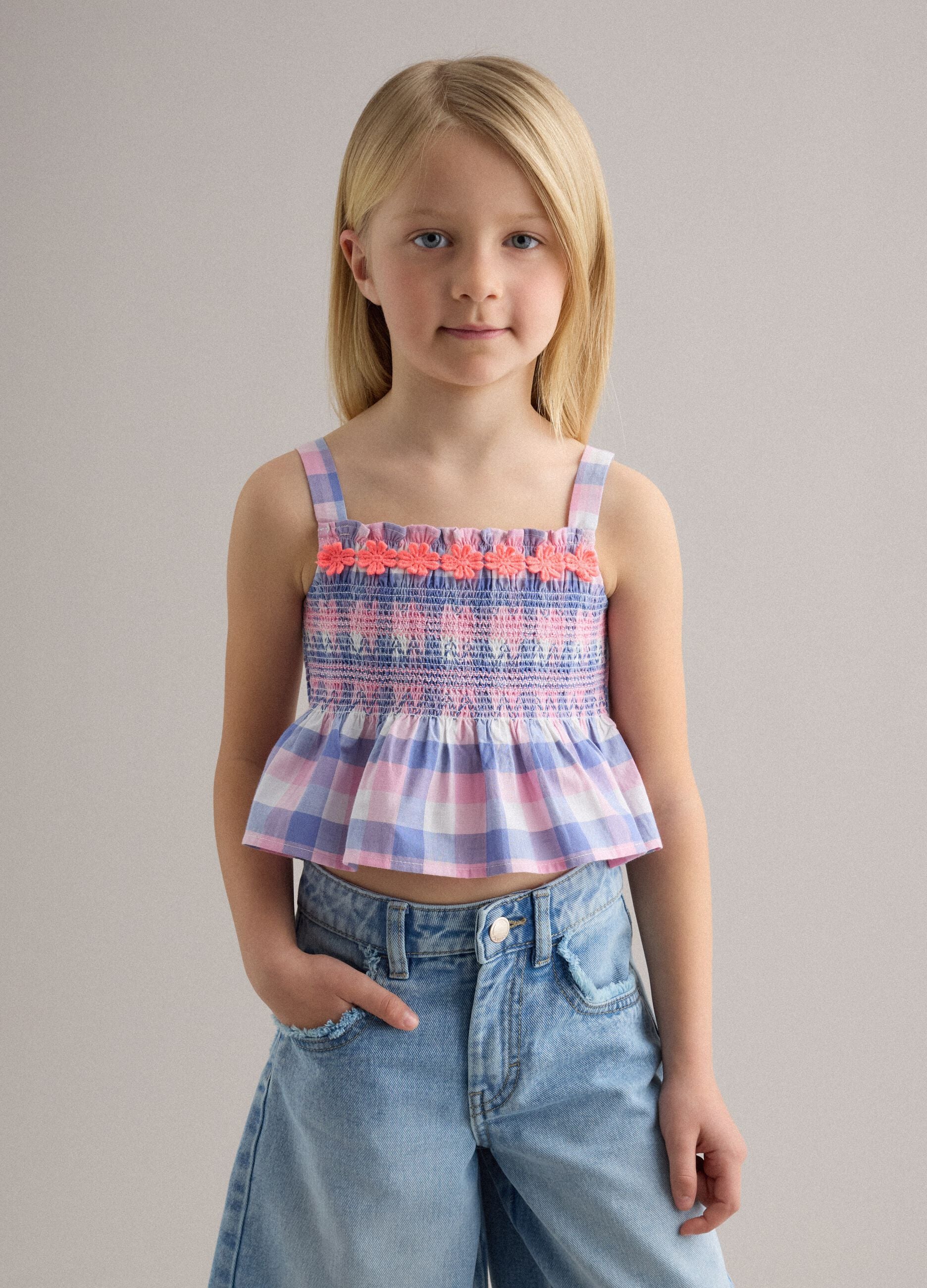 Girls' regular fit multicoloured check pure cotton tank top