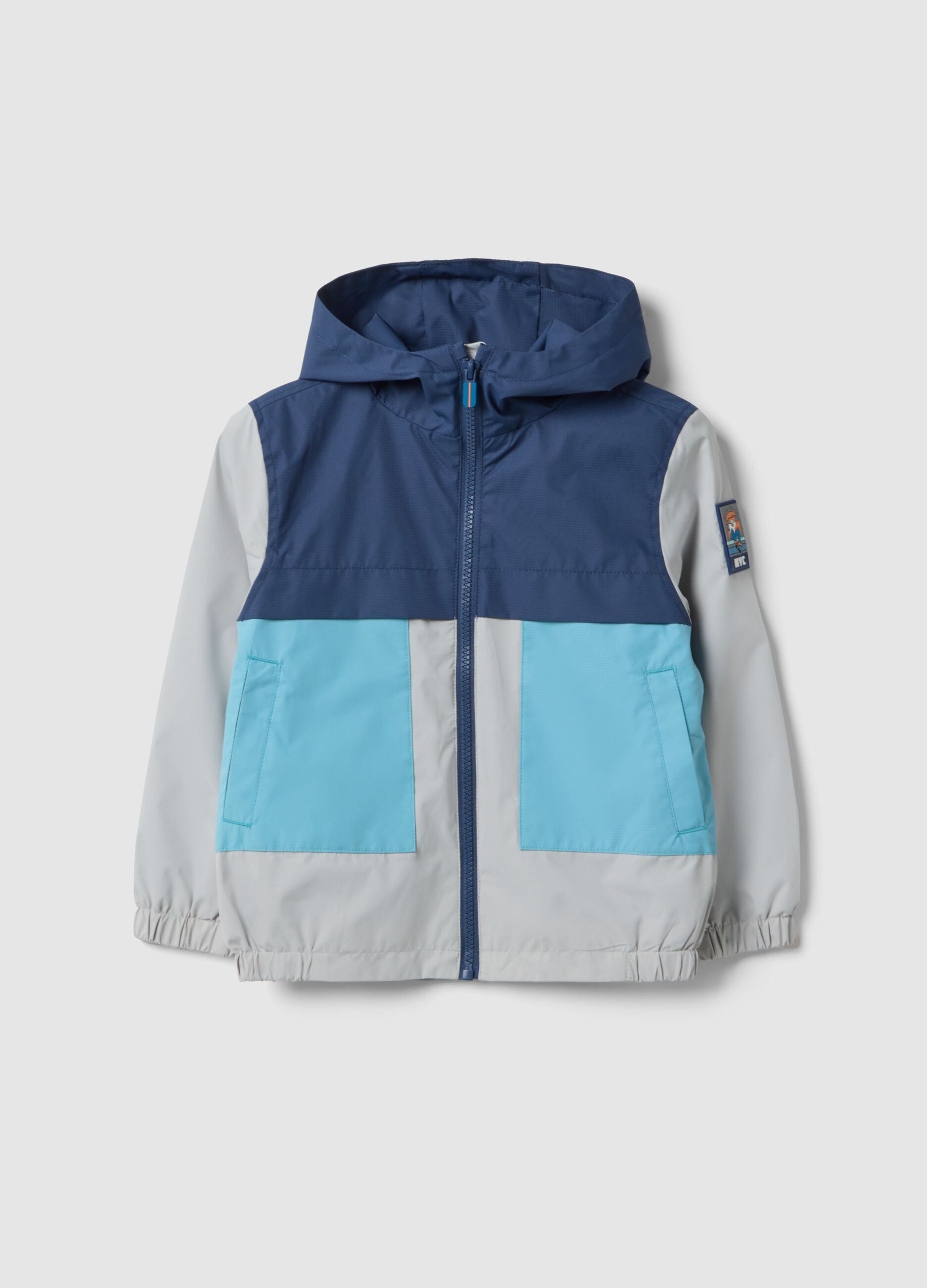 Multicoloured waterproof jacket with hood and zip for children