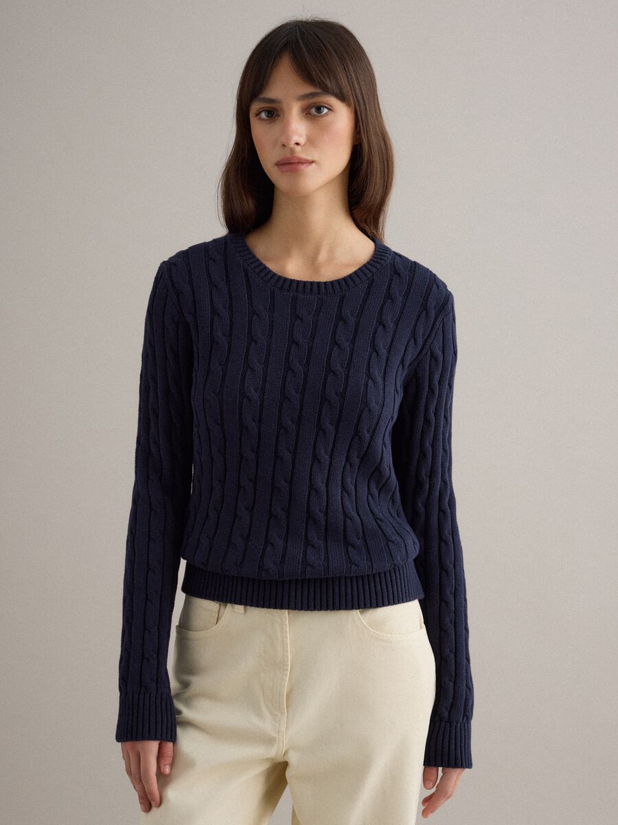 Blue sweater in pure cotton with regular fit and cable knit_3
