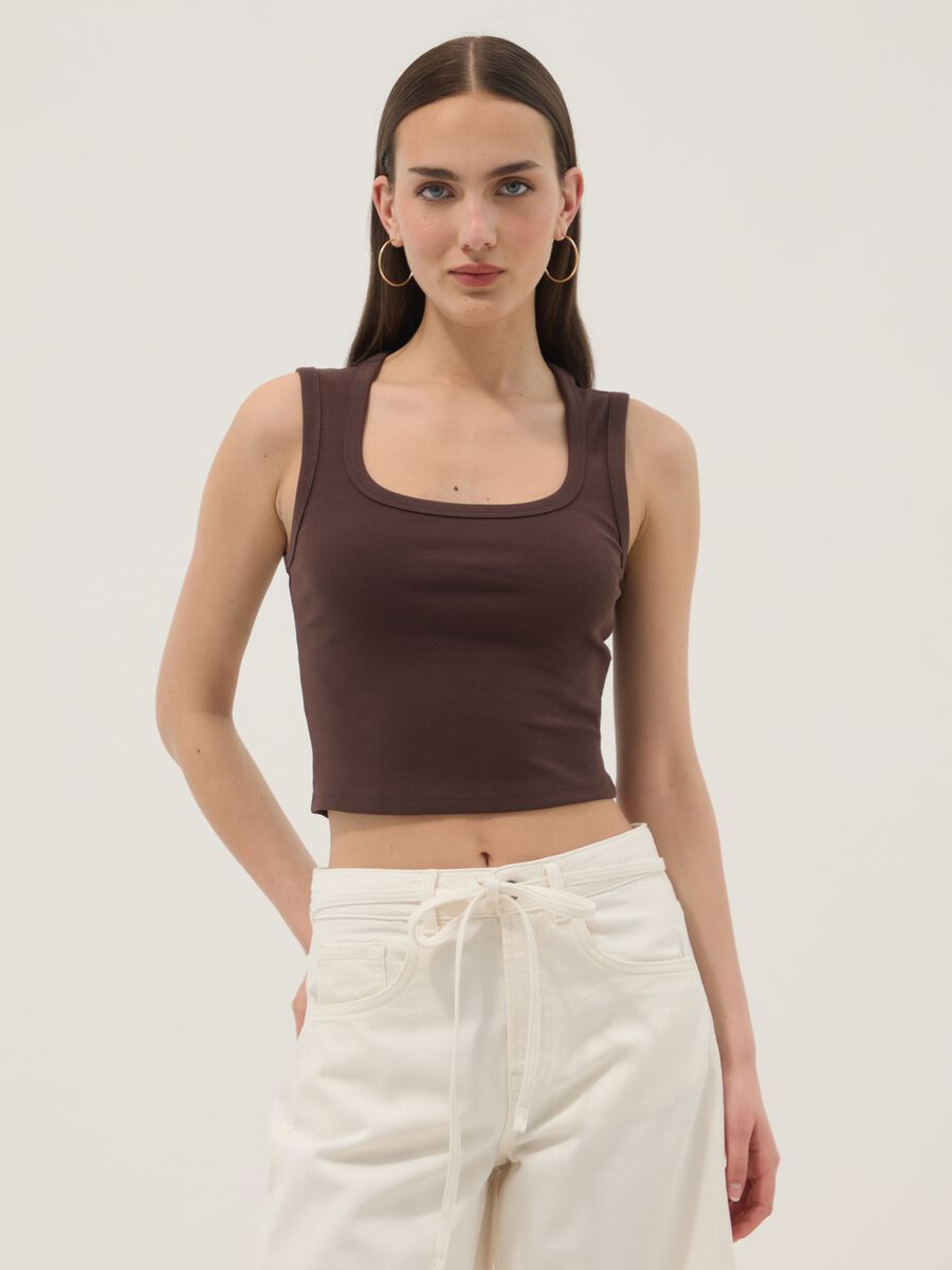Tank top marrone crop in cotone elasticizzato fitted_1