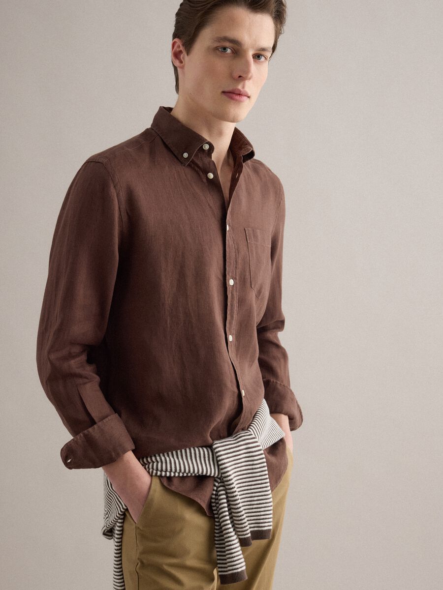 Brown pure linen long-sleeve shirt regular fit_1