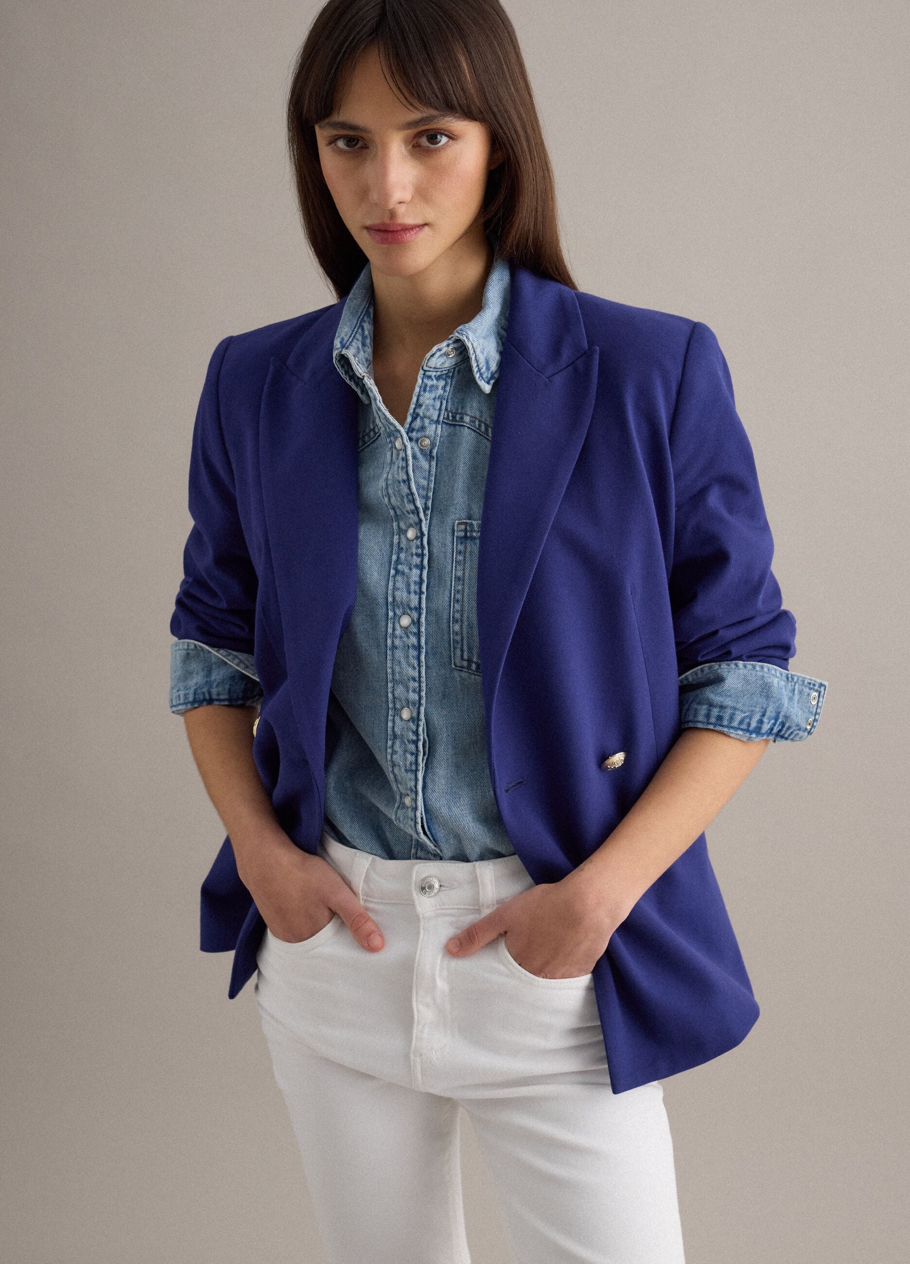 Blue Cotton Stretch Regular Fit Blazer