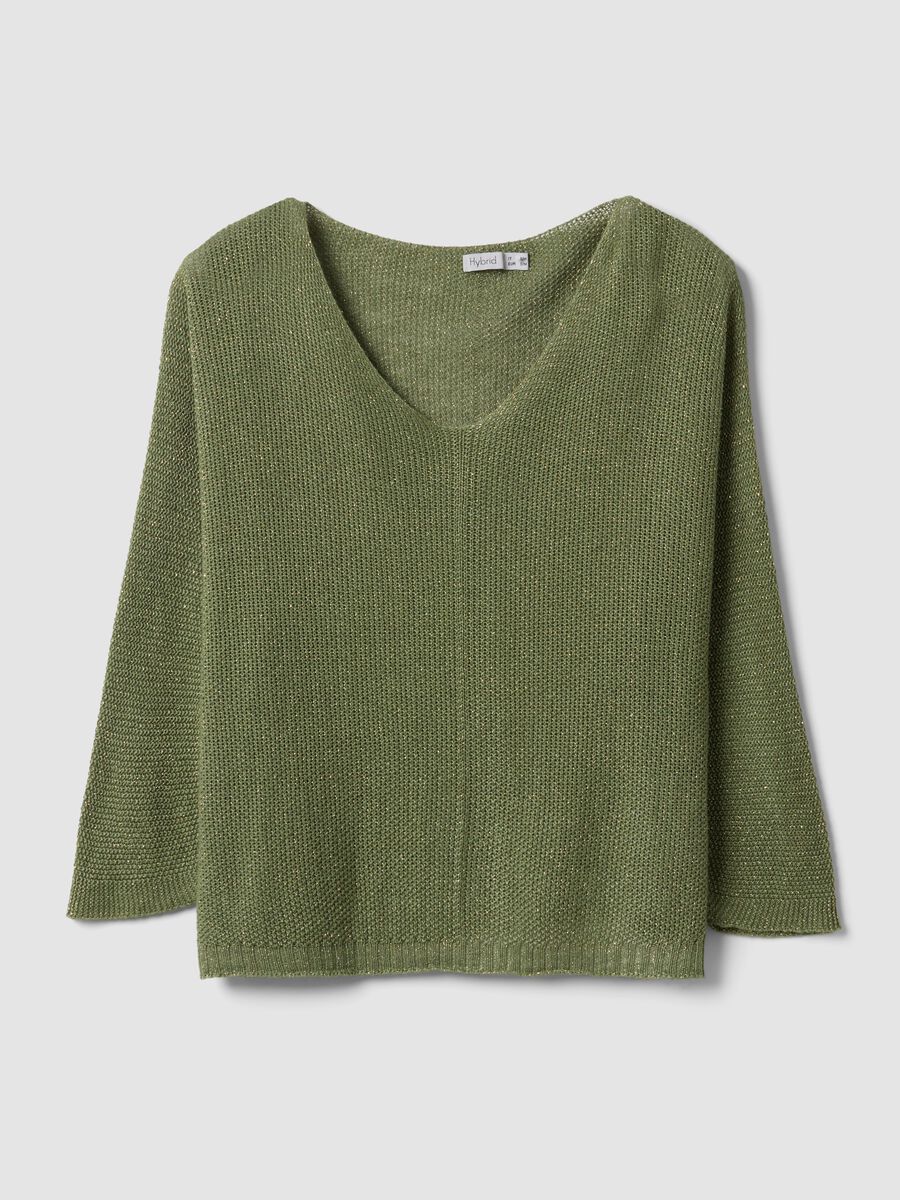 Green V-neck top in viscose and linen blend_4