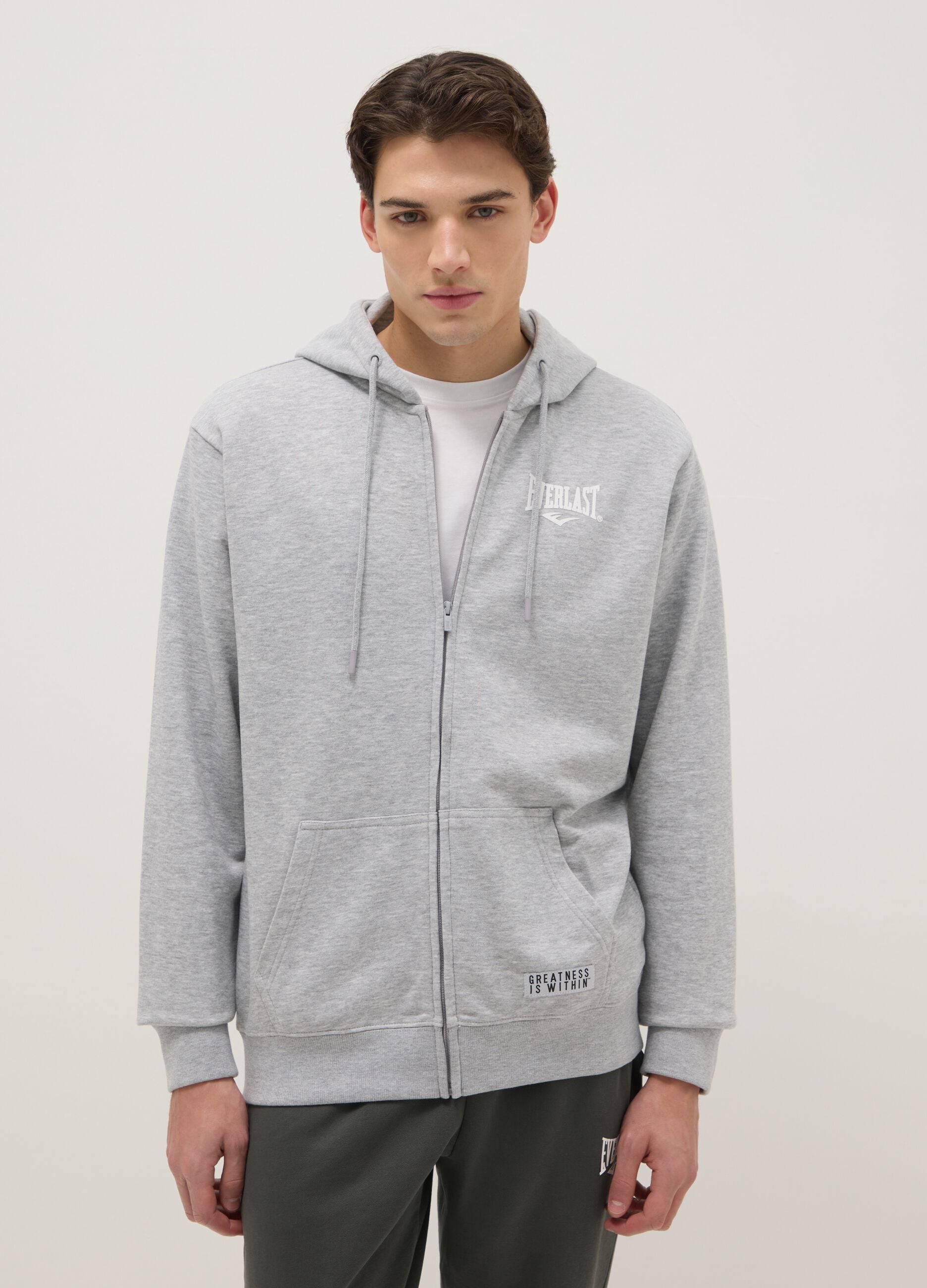 Grey regular fit cotton blend hoodie with zip