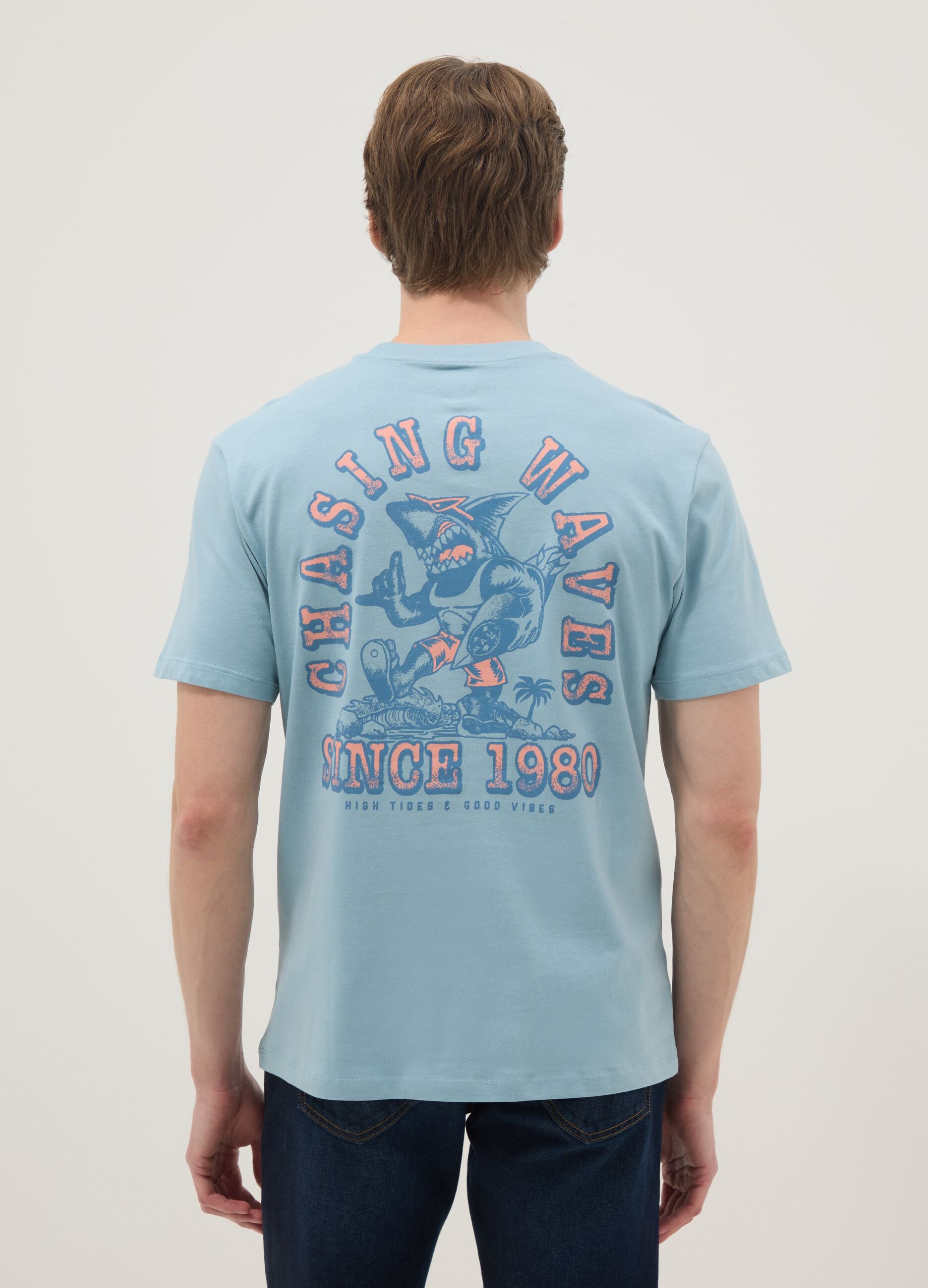 Blue short-sleeve pure cotton T-shirt with print, relaxed fit