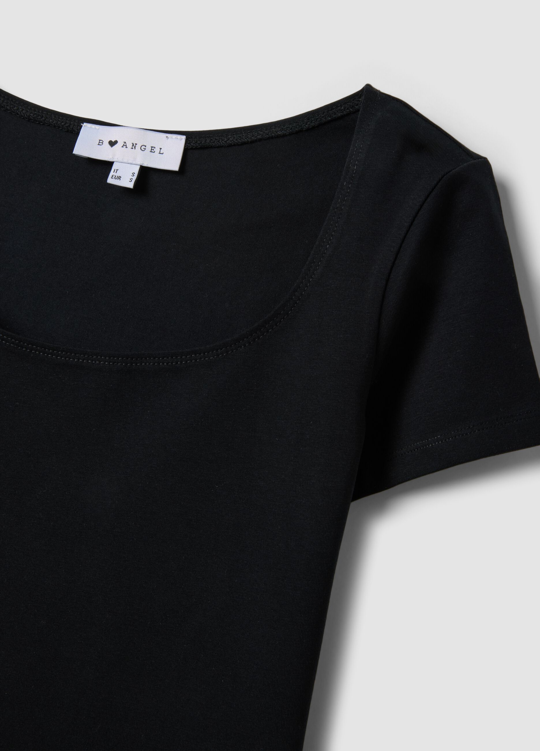 Black stretch cotton T-shirt with square neckline, regular fit