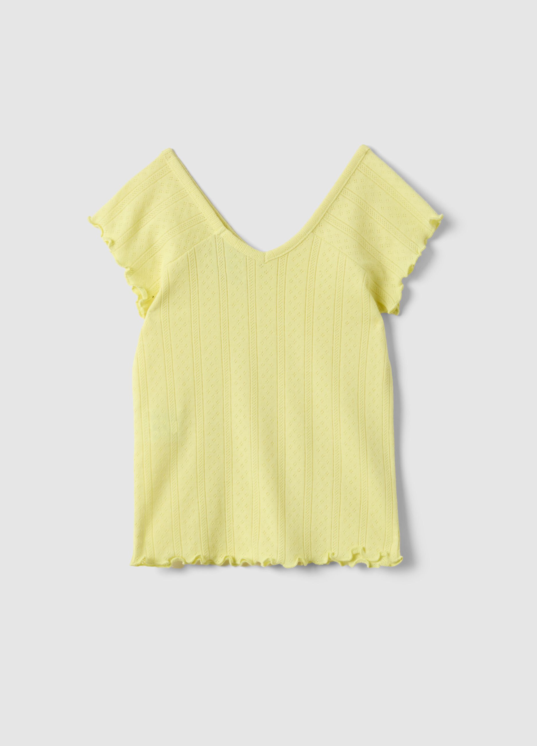 Yellow girls' cotton blend fitted V-neck t-shirt