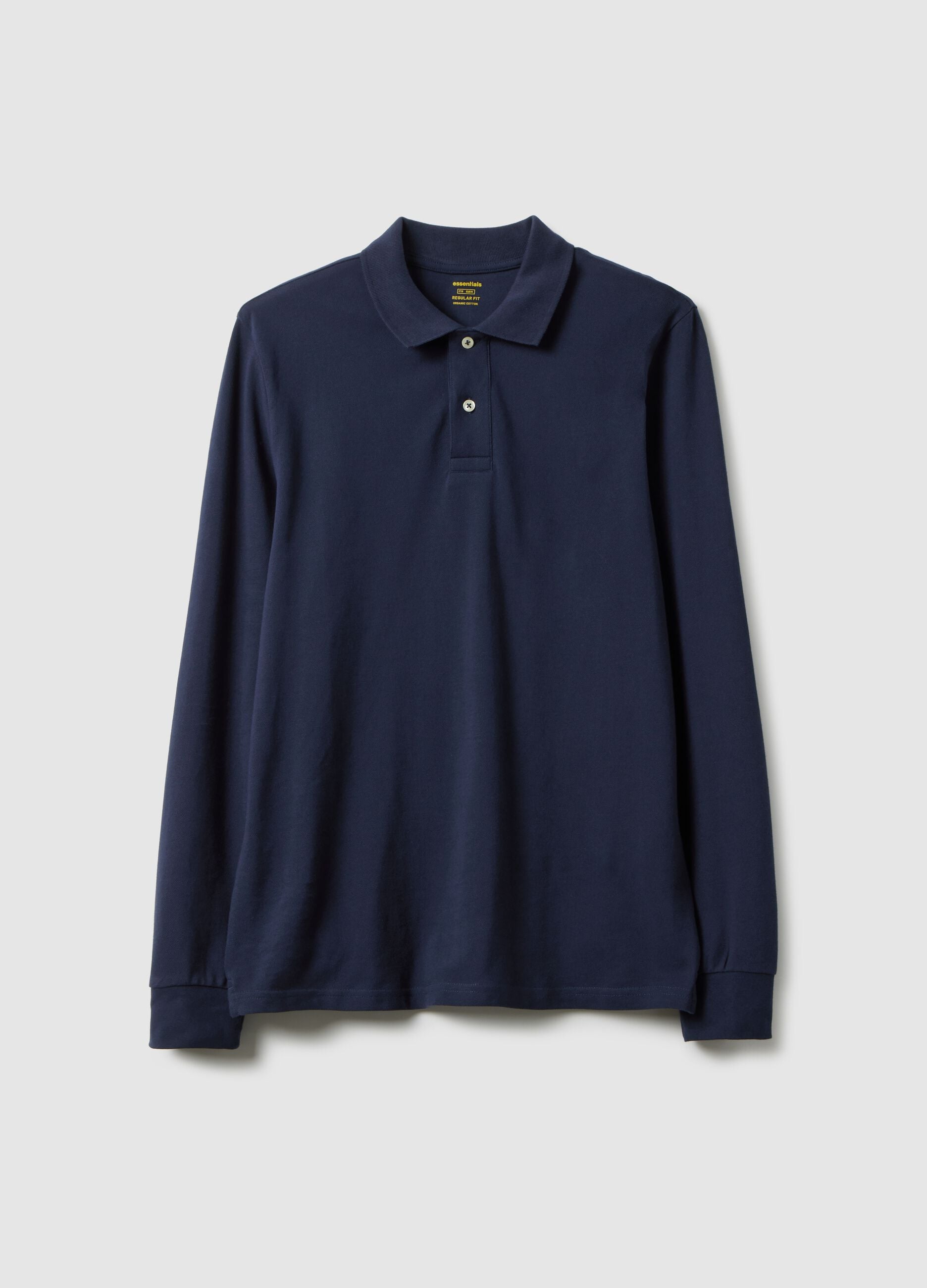 Long-sleeve blue polo shirt in pure cotton regular fit