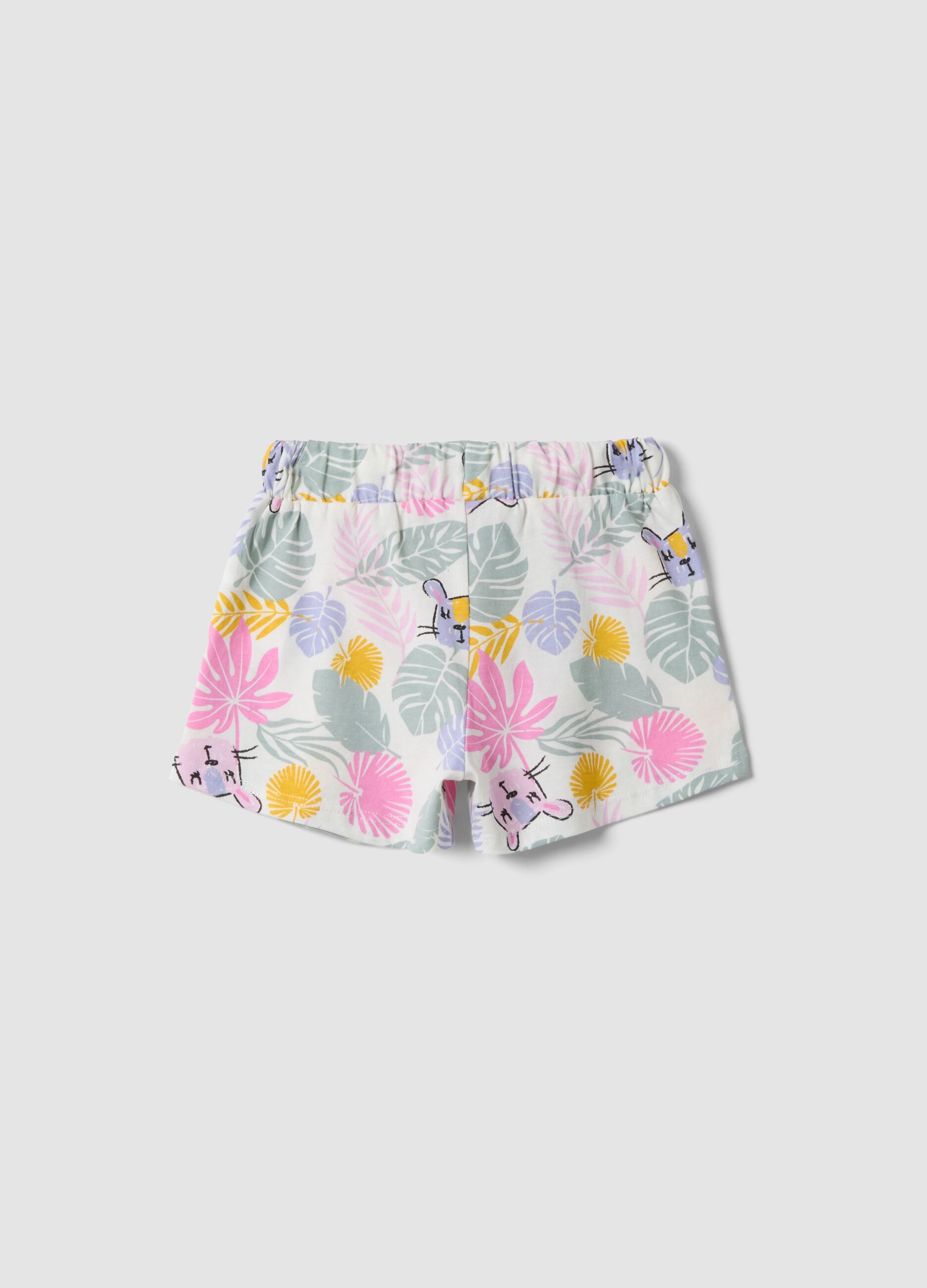 White pure organic cotton floral-print shorts for baby girl