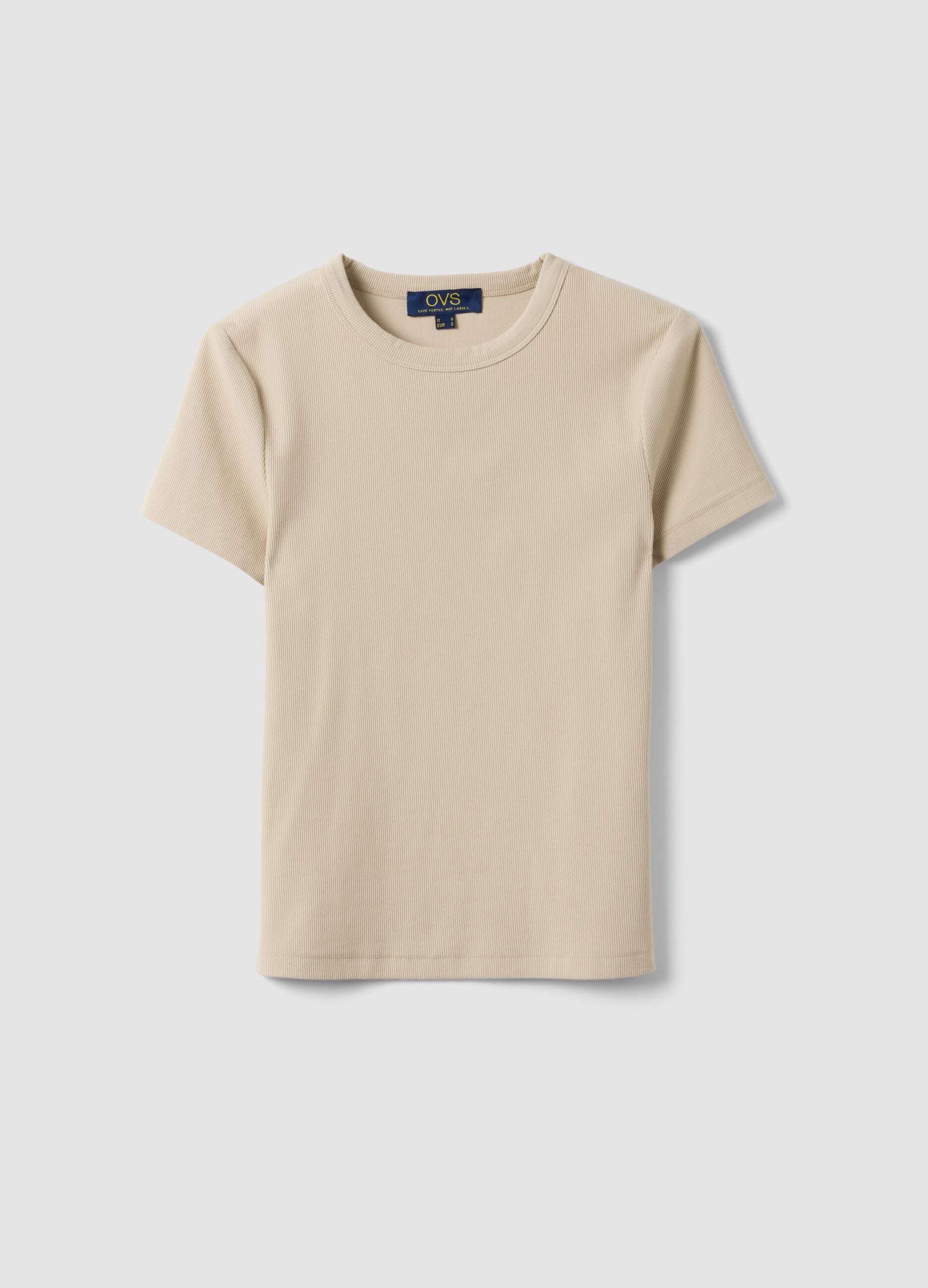 Beige fitted short-sleeve stretch cotton T-shirt