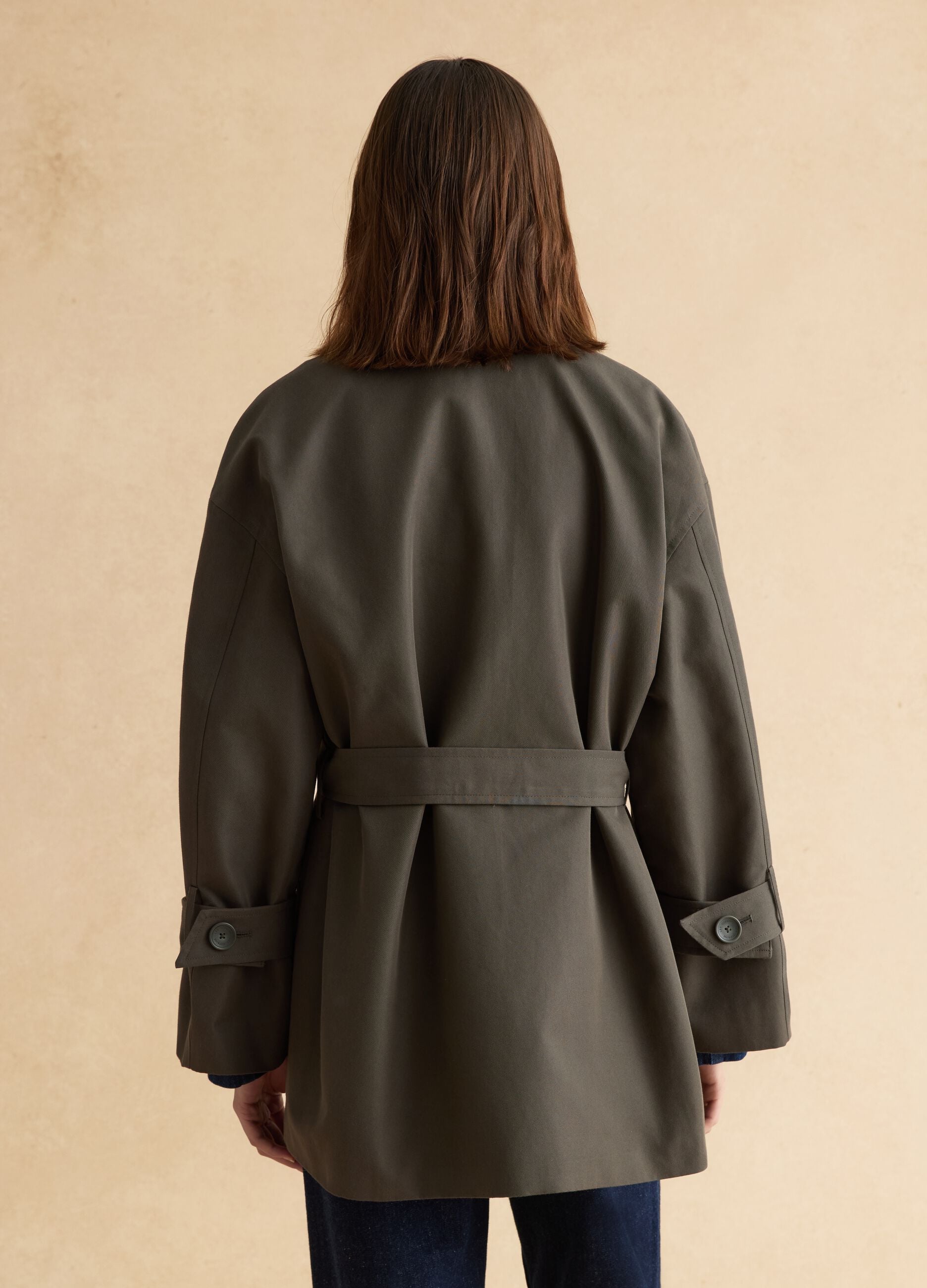 Green cotton blend trench coat with belt, regular fit