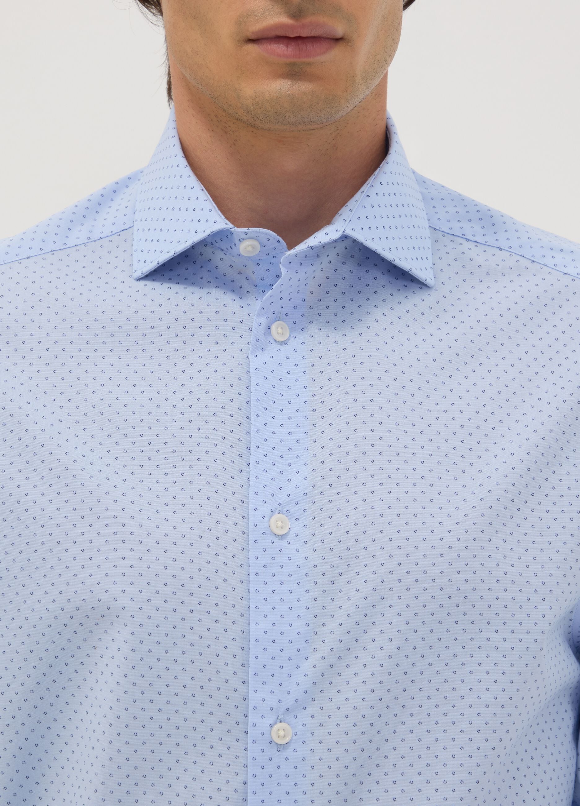 Light blue stretch cotton poplin shirt with spread collar