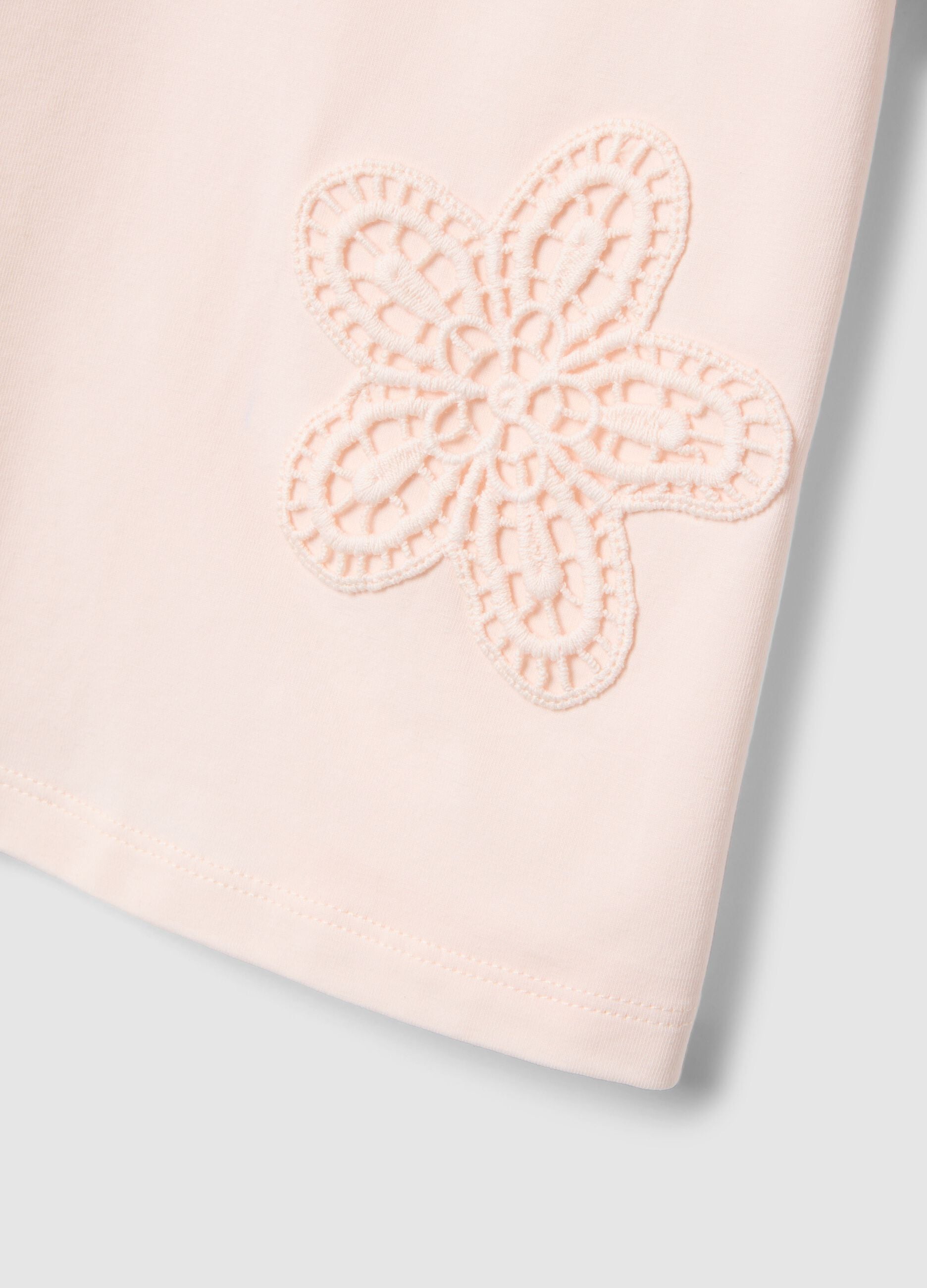 Girls' Pink Stretch Cotton T-shirt with Floral Embroidery
