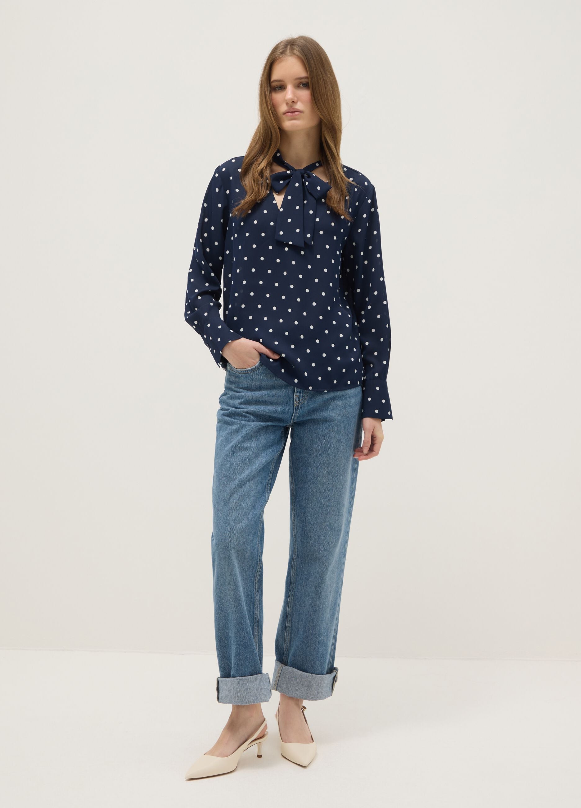 Blue Polka Dot Crepe Blouse