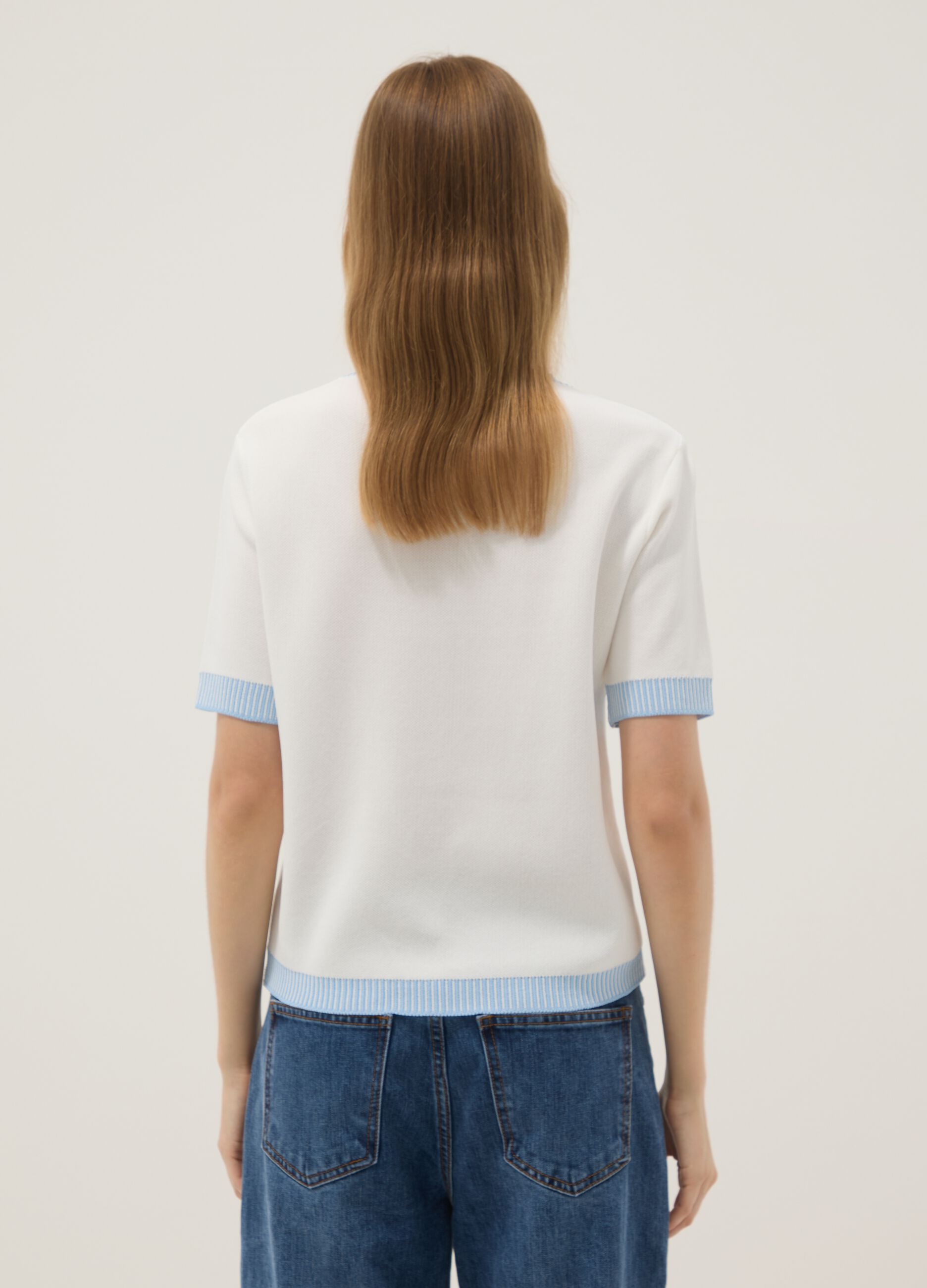 White viscose-blend T-shirt with contrast trims