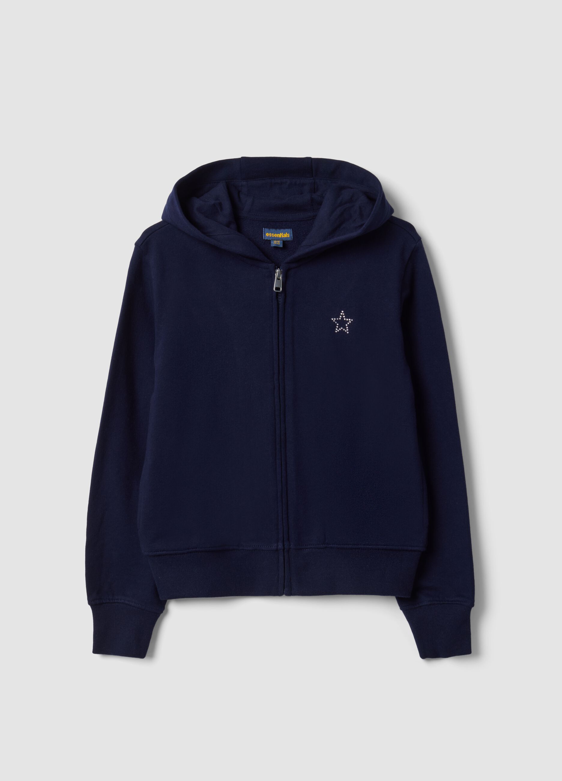 Blue organic cotton hooded zip-up sweatshirt with star detail for girls