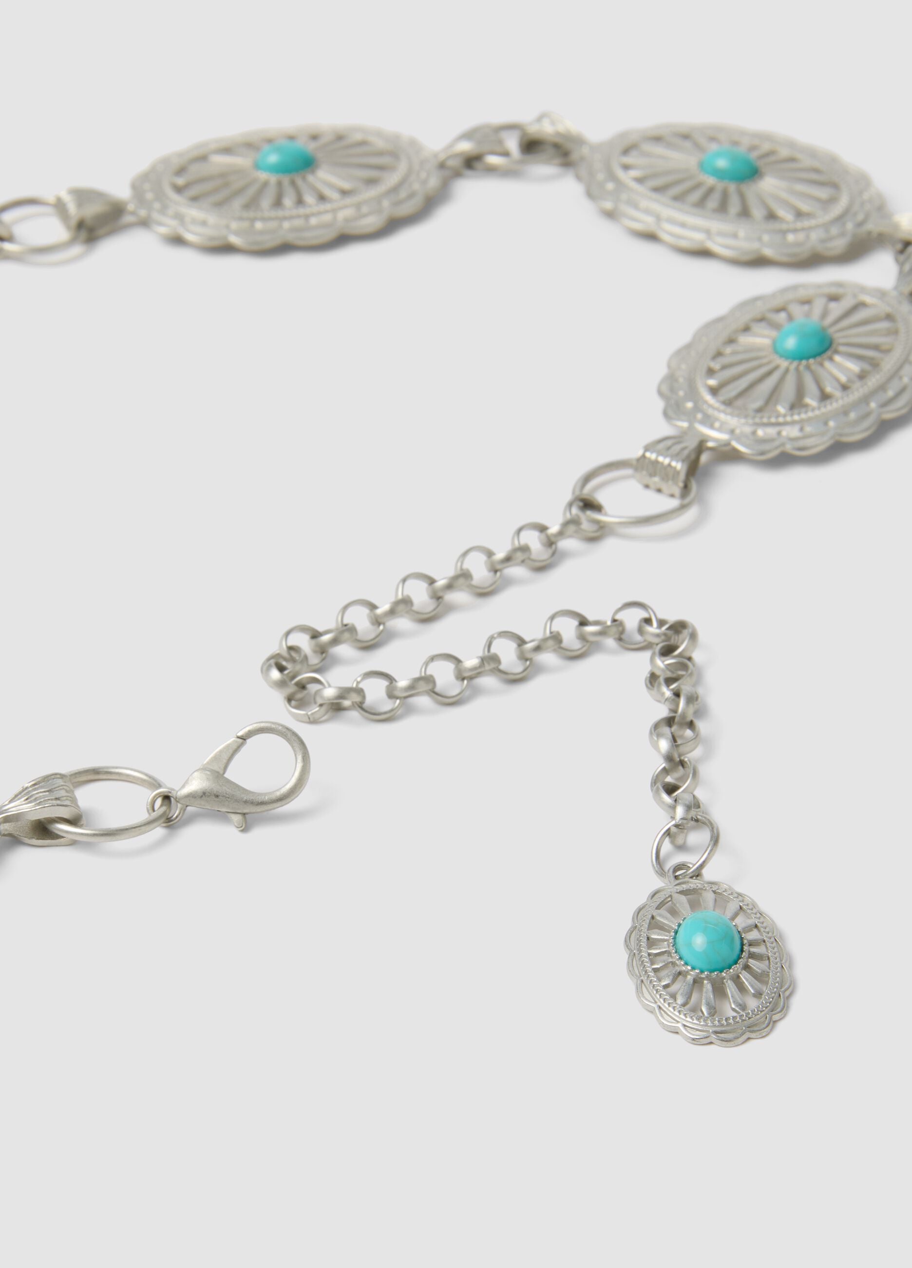 Silver-tone metal belt with turquoise stones