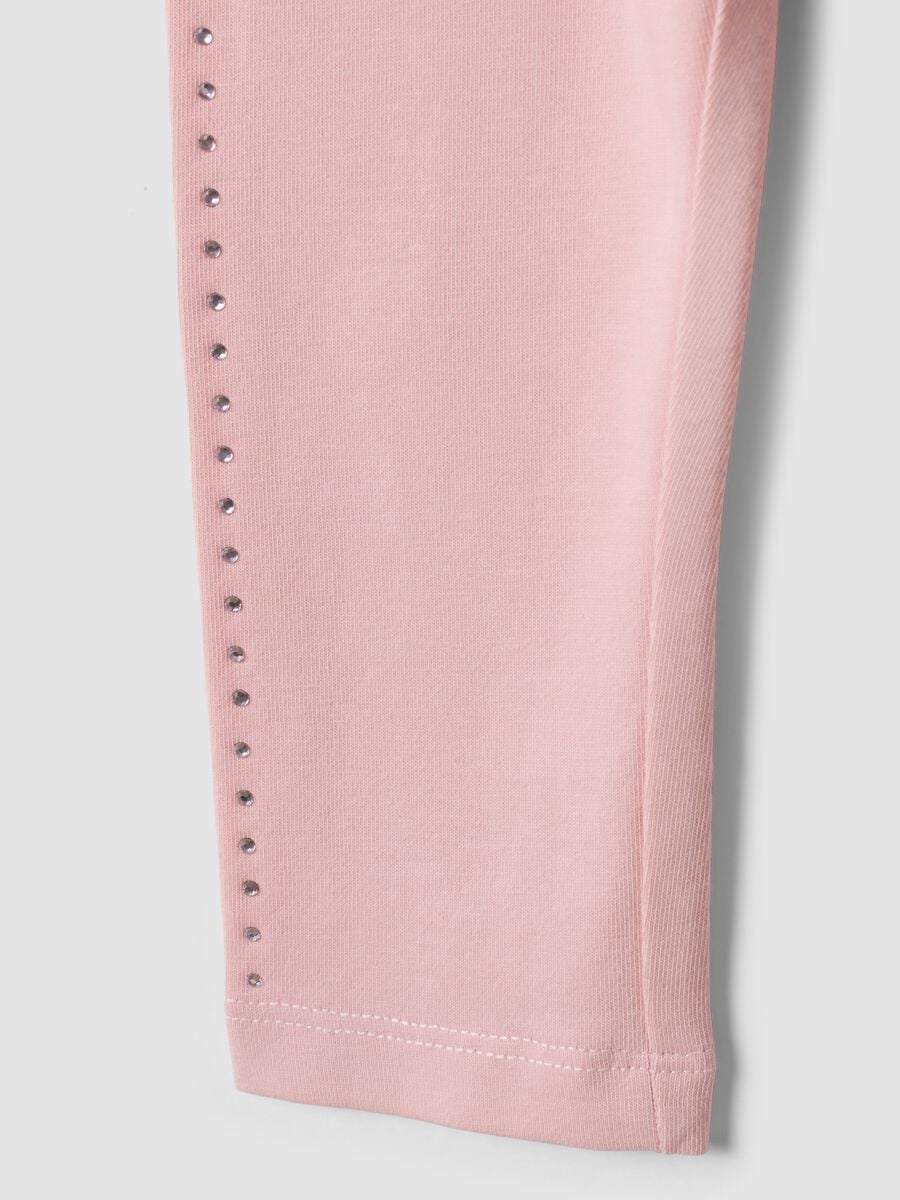 Pink stretch organic cotton leggings with rhinestones for baby girl_3