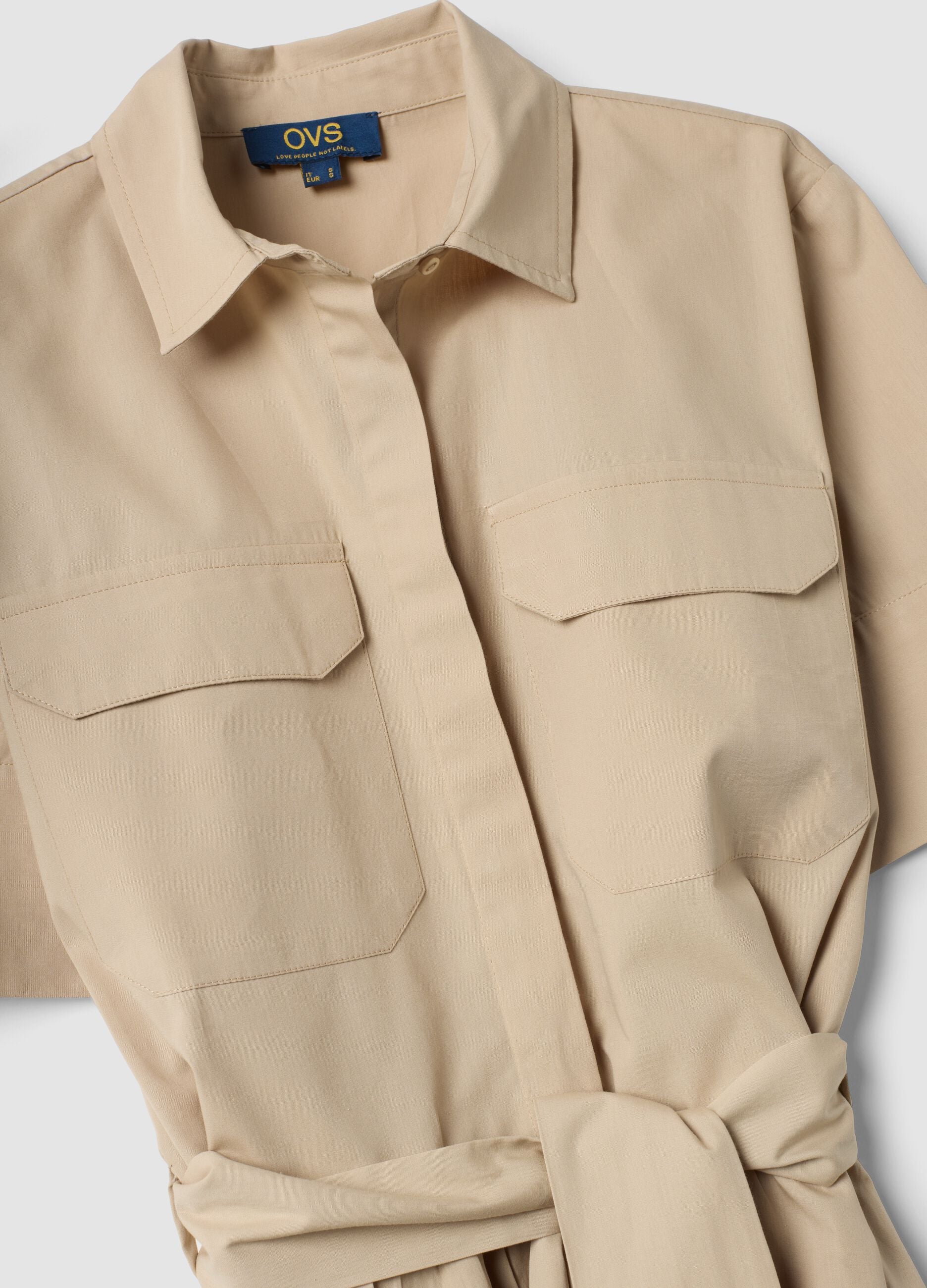 Beige pure cotton shirt dress with belt, regular fit