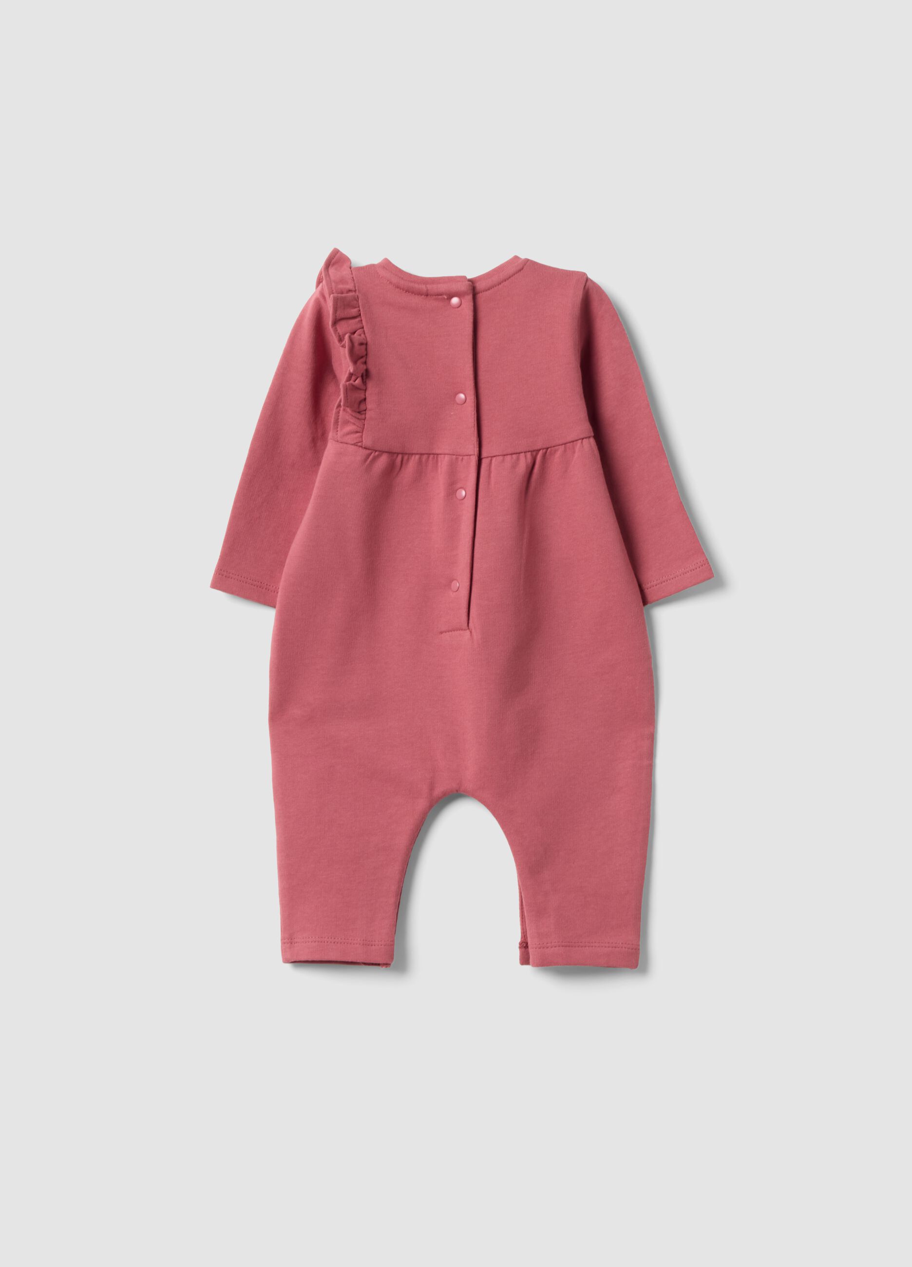 Purple organic cotton ruffle romper for baby girl