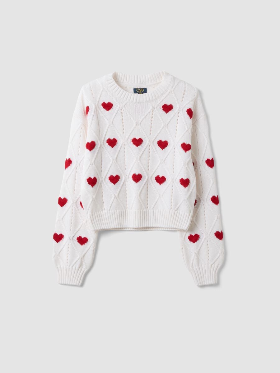White cotton-blend jumper with openwork pattern and hearts for girls_0